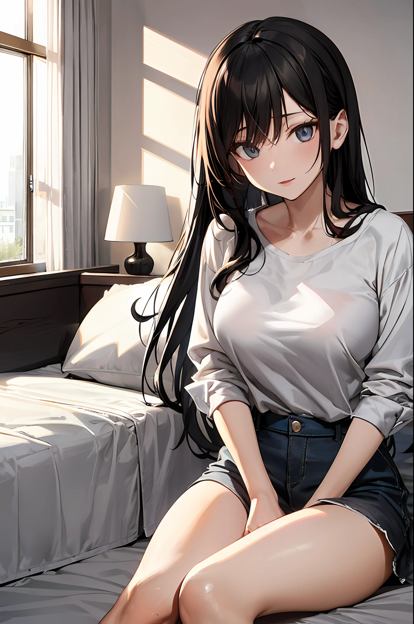 The girl knelt on the white and soft big bed，Jet black long hair，Only a white shirt was worn，Ambiguous expression，Eyes are confused，The background is the sun shining into the house against the sun