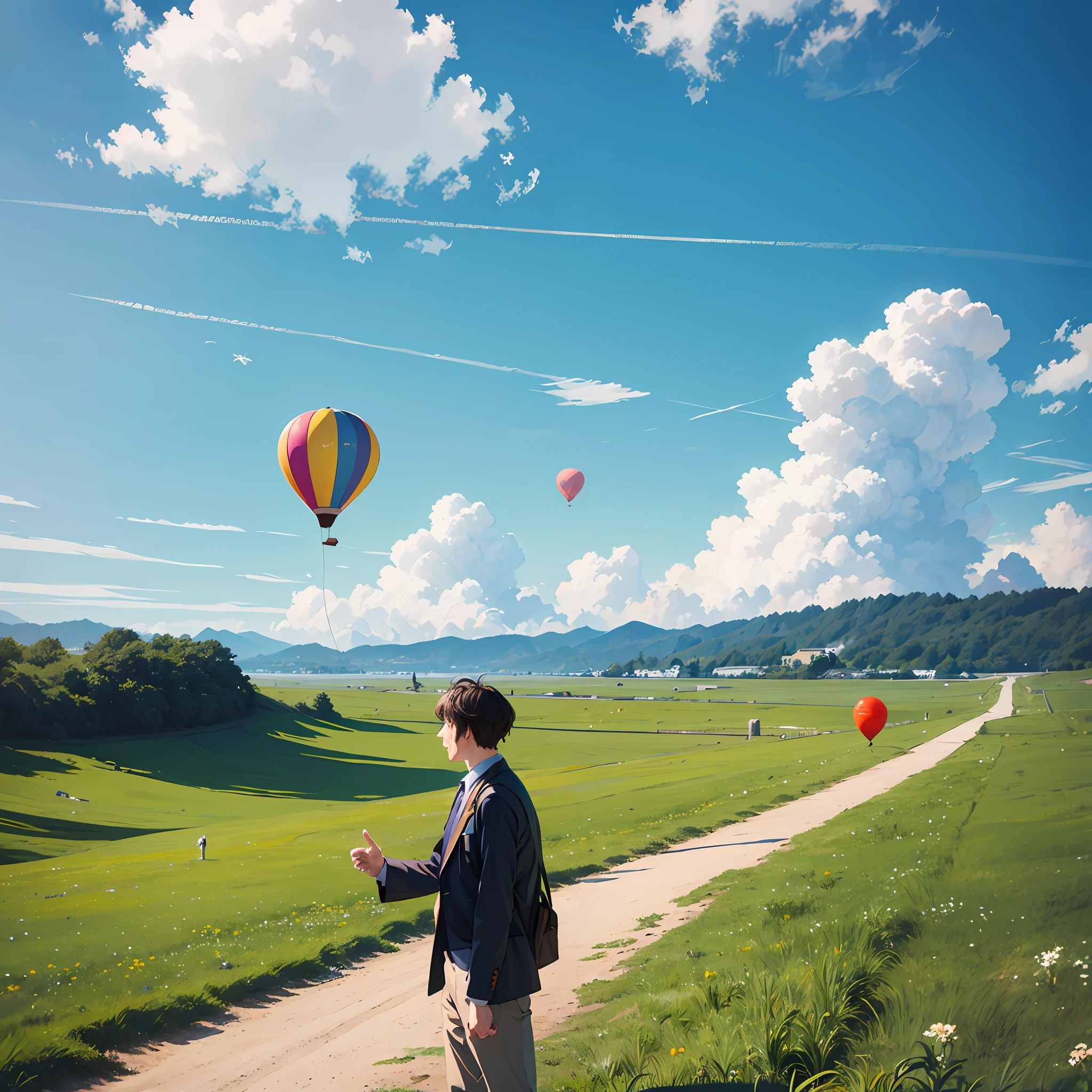 A man in a grassland, blue sky and white clouds in the air, and an island in the air and a balloon --auto