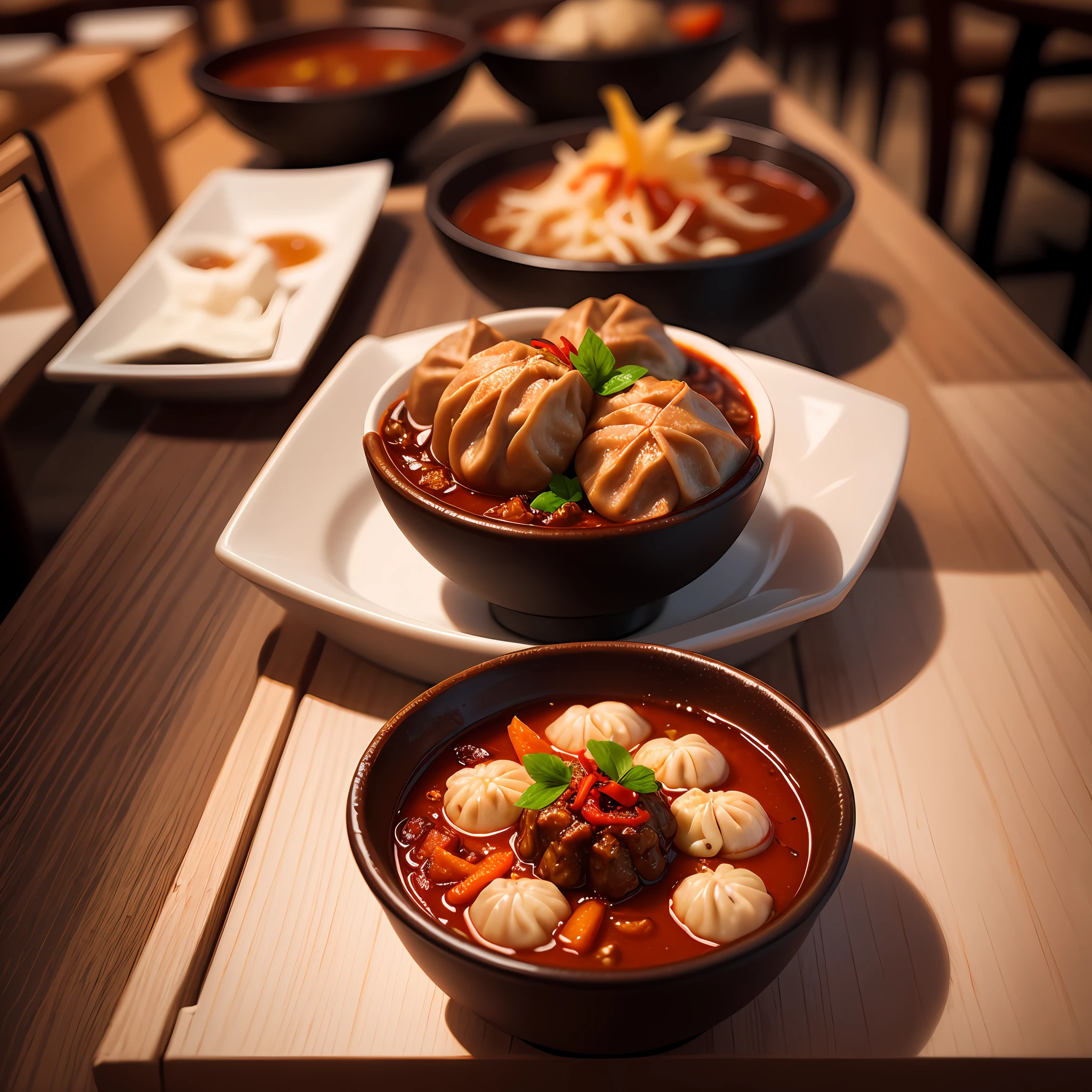 Xiaolongbao, Sauce, chili pepper, Restaurant real, Chine, black hair, Surrealism, 8k, super detail --auto