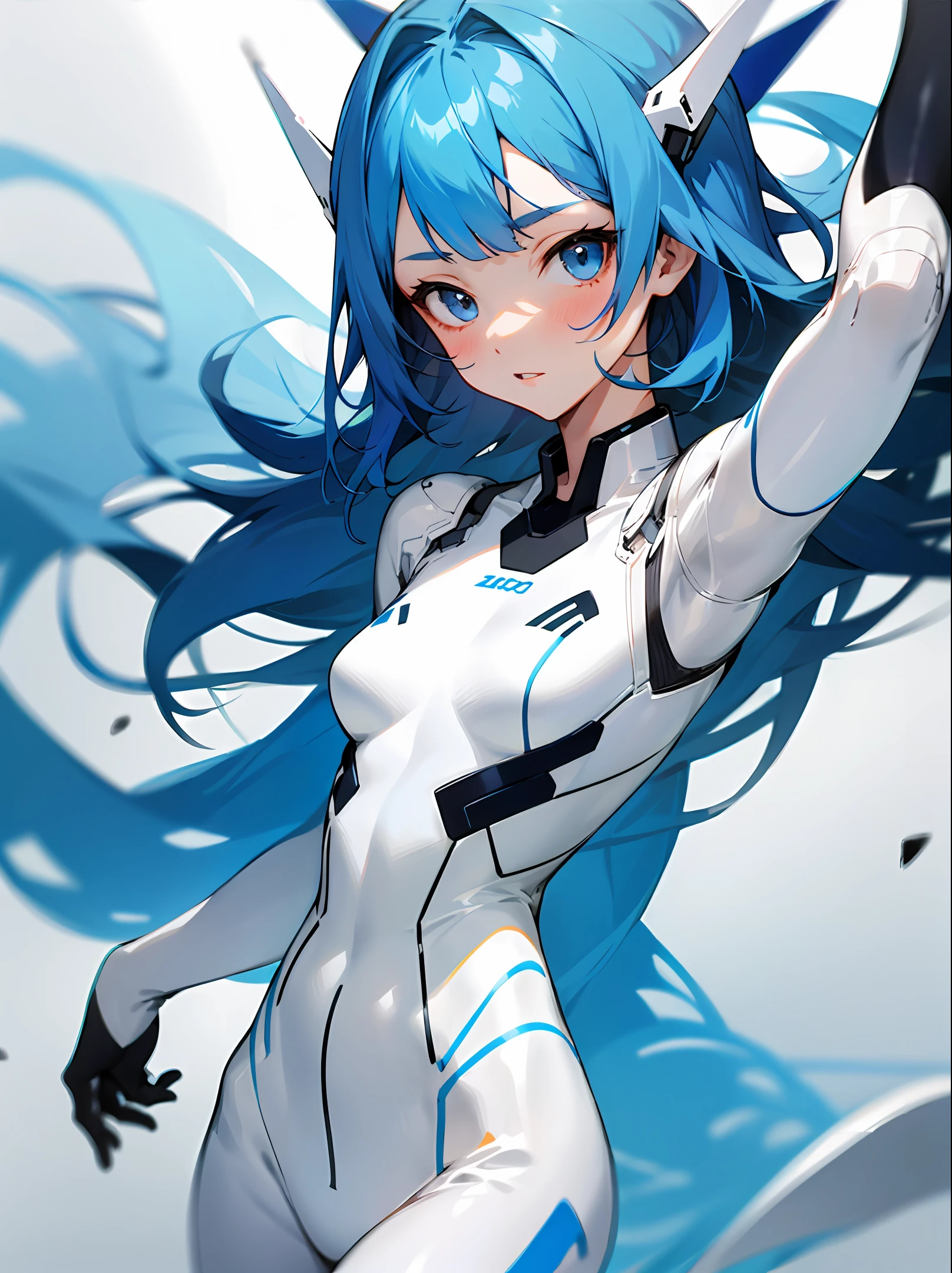 Blue-haired girl，skin fair，Wear a smooth white bodysuit，face as it is，Bigchest
