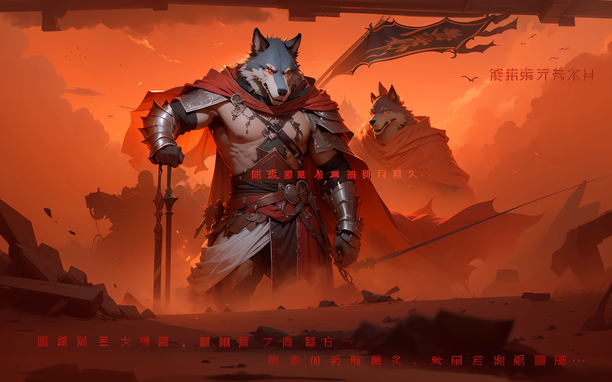 High-quality oil painting level painting style，The Red Werewolf appears gorgeously dressed in the armor of the General，The surrounding war reflected his strong figure。His blue pupils have a sharp gaze，Gripping the cloak tightly，Painful but powerful，The red cloak floats in the wind，Show his handsome side。The whole picture is shrouded in the afterglow of the setting sun，It creates an atmosphere of mystery，The full body covered in armor further highlights his bravery and warrior status。