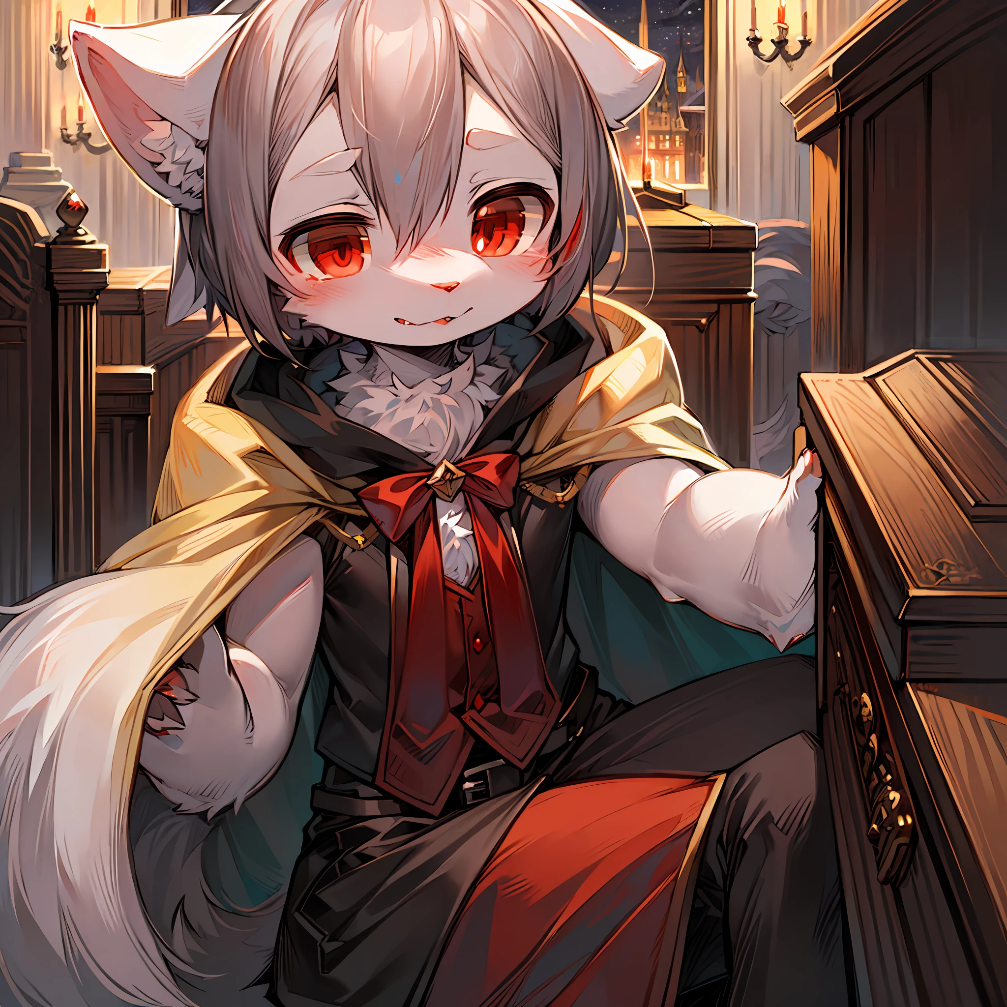 (dark environment:0.8),masterpiece, high quality, absurd res, digital painting \(artwork\), by dagasi, yupa,kiyosan,(anthro,fluffy fur,character focus:1.1),anthro male cat,short hair,portrait, bright eyes,panorama,character focus.(detailed background:0.7),solo,furry,furry male ,male focus,anthr,(Full body fur, fluffy tail, white fur,red eyes,gray hair:1.2),(long canines,vampire, cape:1.2),(interior,night, castle, coffin:1.1)