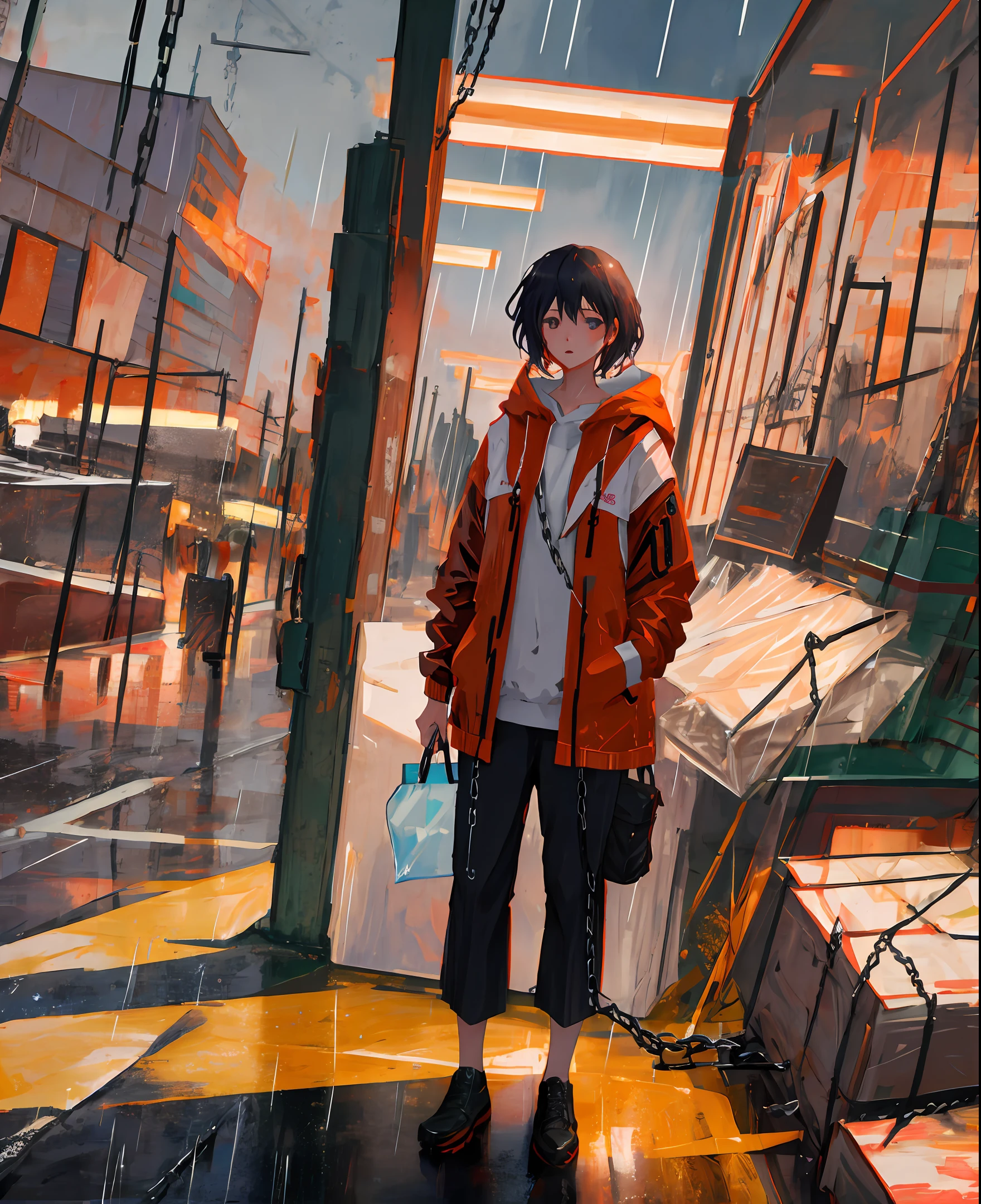 1girl, jacket, rain, outdoor, hoodie, open jacket, chain, backpack, looking at another, messy hair, trending on artstation, 8k resolution, highly detailed, anatomically correct, sharp image, digital painting, concept art, trending on pixiv, style of makoto shinkai,