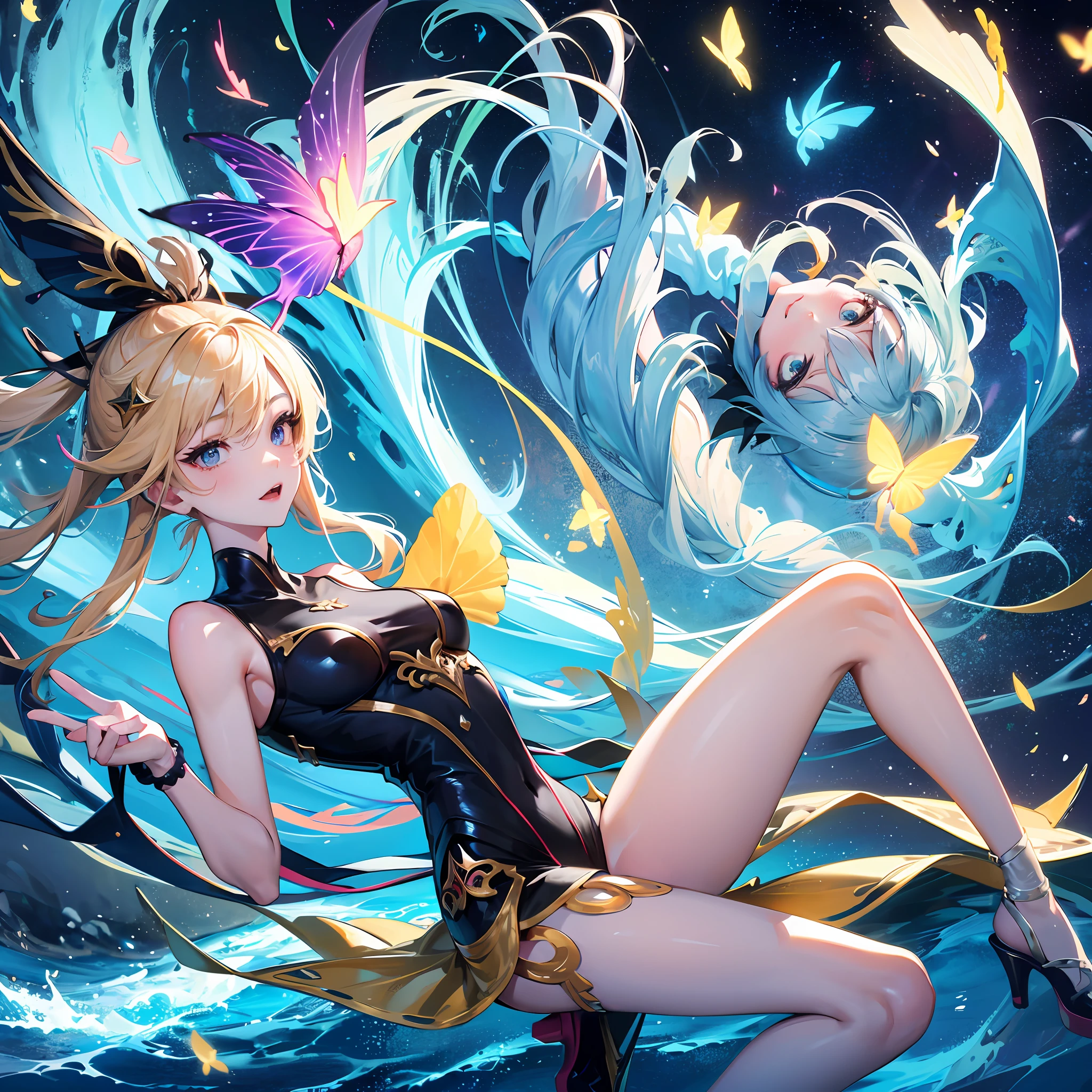 teens girl, Low lens, full bodyesbian, the ocean, swell sea, water splash, Skysky, light particules, butterflys, the night, starrysky,A high resolution,Two comets intersect in the sky --auto