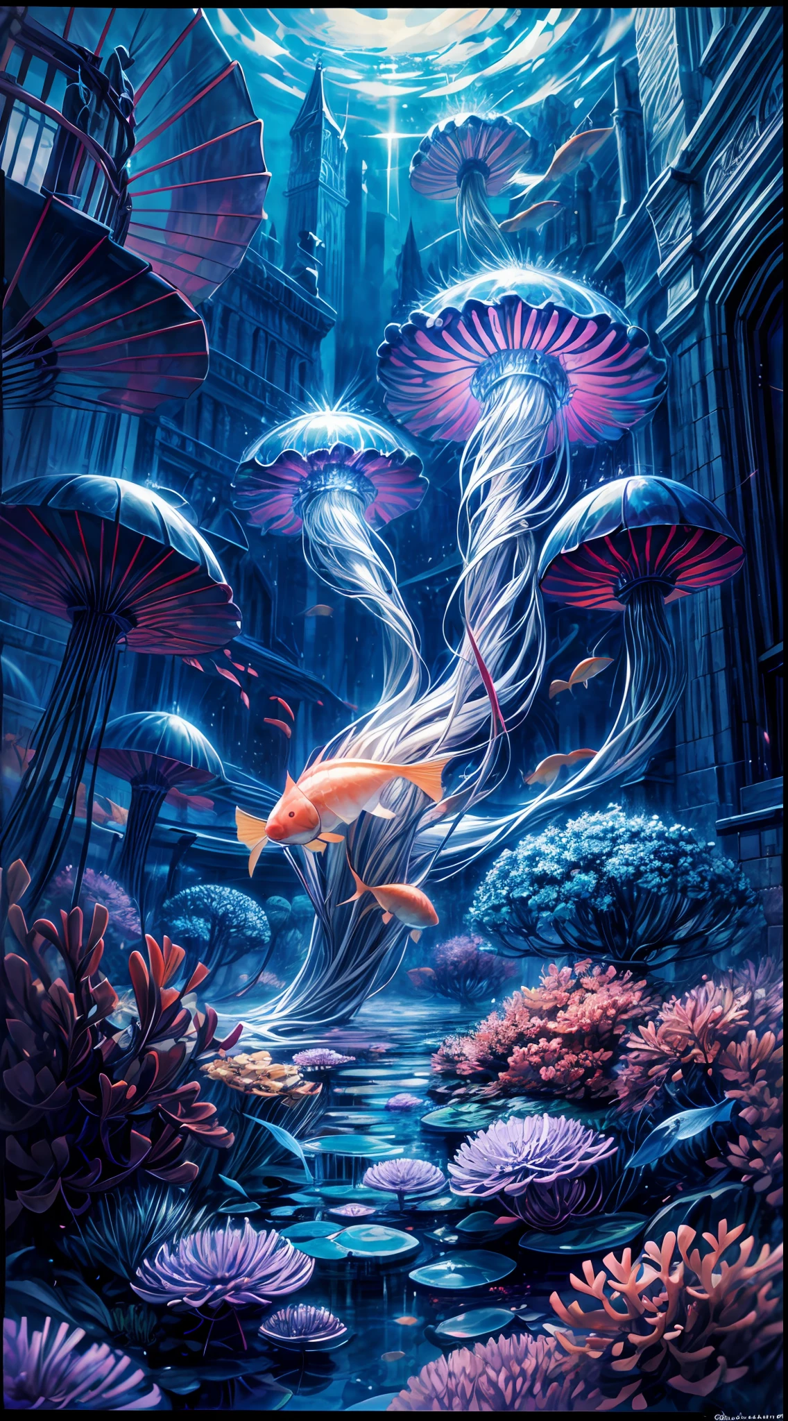 Masterpiece, High Quality, Ocean Forest, City, Fantastic Fantasy, Glowing Plants, Coral Viaduct, (Swarm of Glowing Jellyfish), (Shoal of Fish with Transparent Wings Flying in the Sky), Misty, Extreme Detail, Morning Light, Epic Composition, (Intricate Detail), (Intricate Design, Ultra Detail: 1.2), Art Station, (Masterpiece, Best Quality), Ultra HD, 32k ,castle,1girl