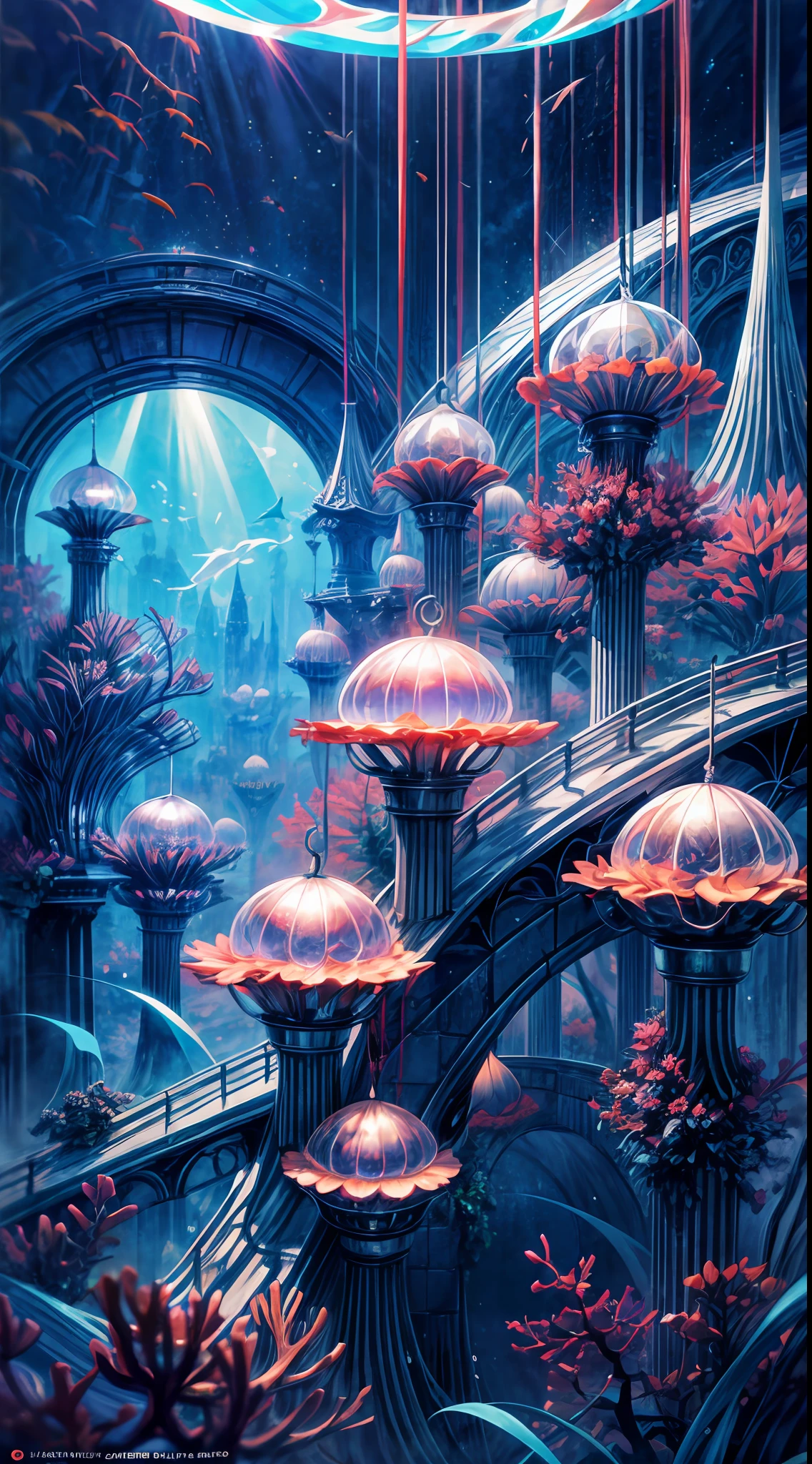 Masterpiece, High Quality, Ocean Forest, City, Fantastic Fantasy, Glowing Plants, Coral Viaduct, (Swarm of Glowing Jellyfish), (Shoal of Fish with Transparent Wings Flying in the Sky), Misty, Extreme Detail, Morning Light, Epic Composition, (Intricate Detail), (Intricate Design, Ultra Detail: 1.2), Art Station, (Masterpiece, Best Quality), Ultra HD, 32k ,castle,1girl