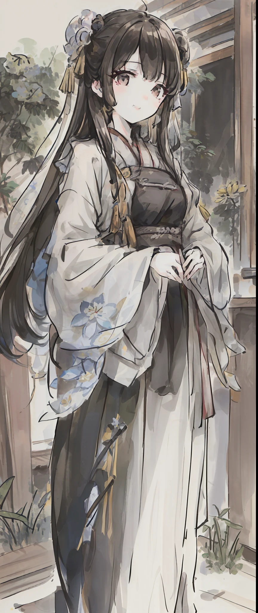 ((4K,巨作,Best quality)), shuimobysim, Traditional Chinese painting, lotuses, Hanfu, maxikit, Dress conservatively 1girl, solo, White Very Long Hair, ssmile, standingn,frontage,