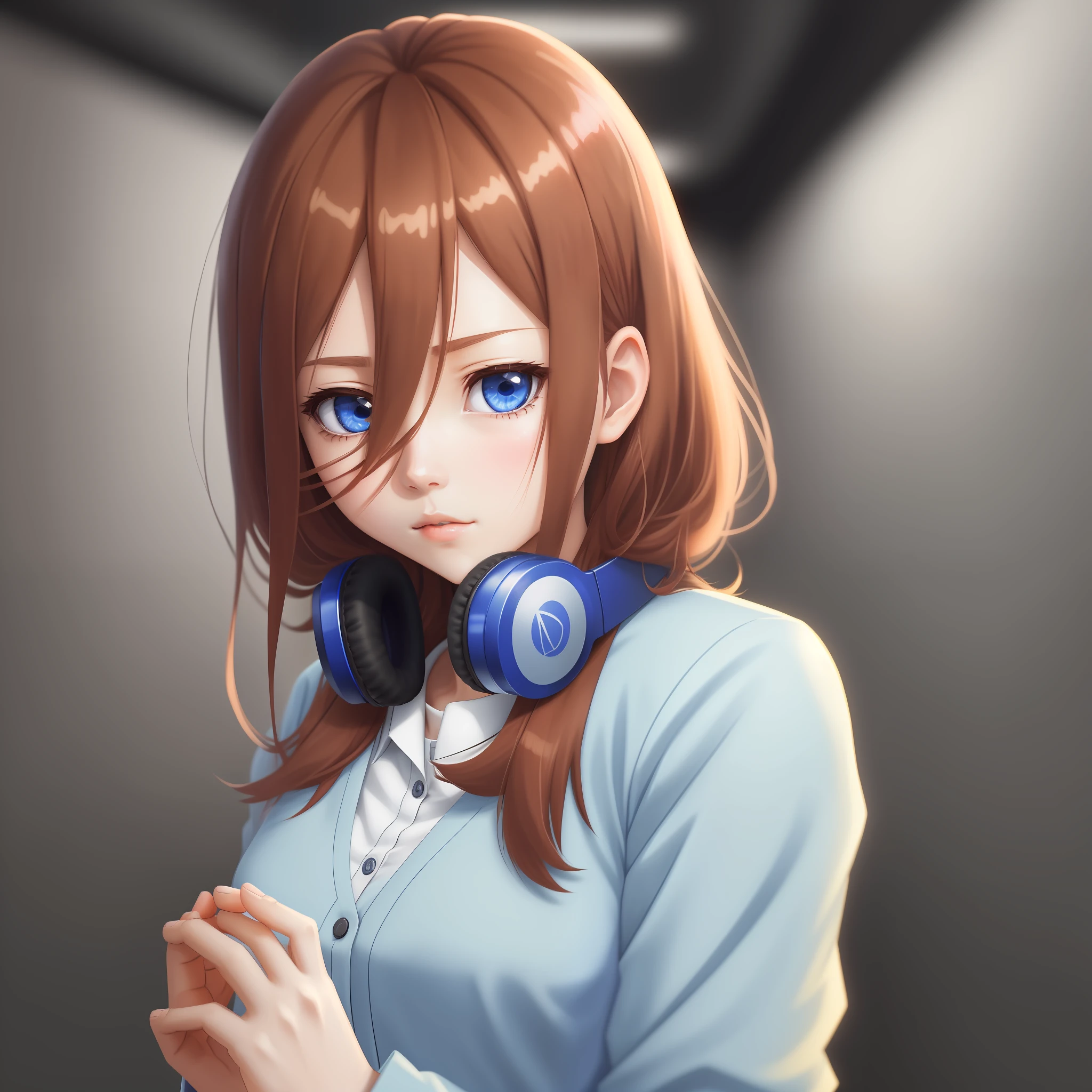 Brown hair,anime girl's name is Nakano Sanjiu, blue eyes, blue headphones, black silk, shyness, upper body, wallpaper, hands behind your back, high detail, anime, anime style, depth of field, ray tracing, high quality, high details, best quality, highres, 16k, masterpiece, UHD