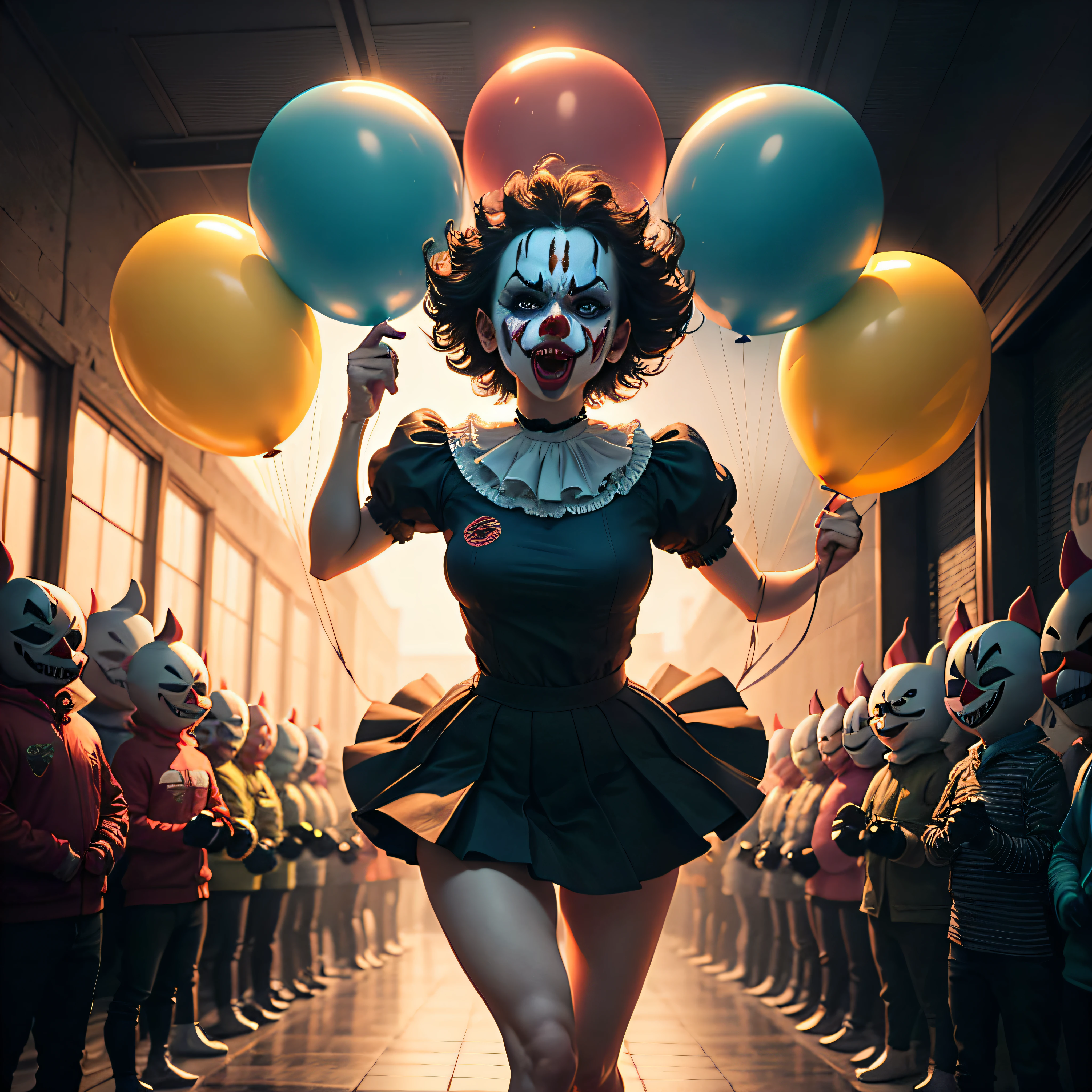Terrorizing Balloons An illustration featuring a swarm of menacing balloons, each with an evil clown face, floating ominously in the air, ready to unleash their chaos and fear, Ultra realism, color field printing, high detail, UHD, 8k, anatomically correct, cinematic lighting 4d quality --auto