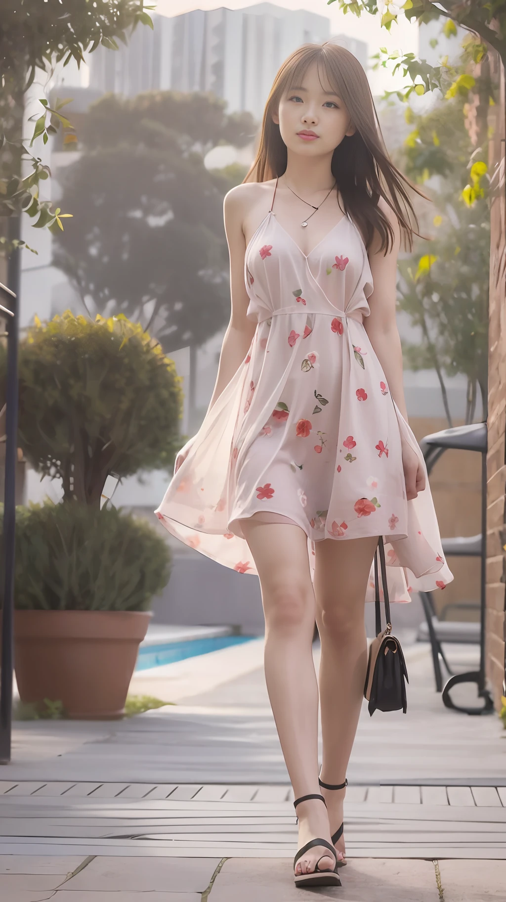 A sexy girl,Wear a floral dress that is light and sheer,Take a leisurely walk by the pool
