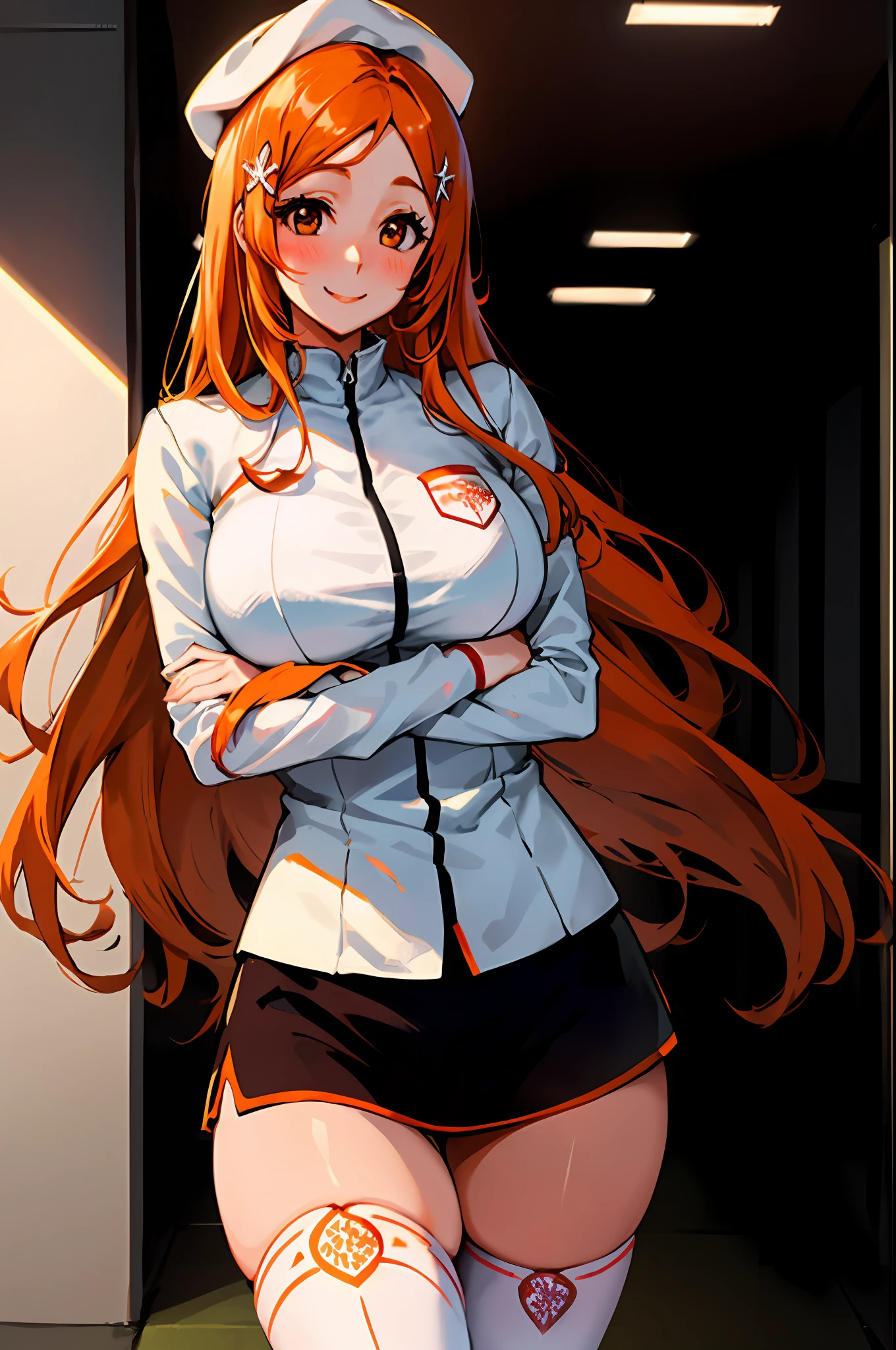 Orihime inoue, bleach, 1girl, solo, white crop rop,  hat, hair between eyes, long hair, hair ornament, looking at viewer, messy hair,  orange hair, solo, thighhighs, thighs, long hair, ((masterpiece)), standing, sexy pose, blush, shy, smile, closes mouth,