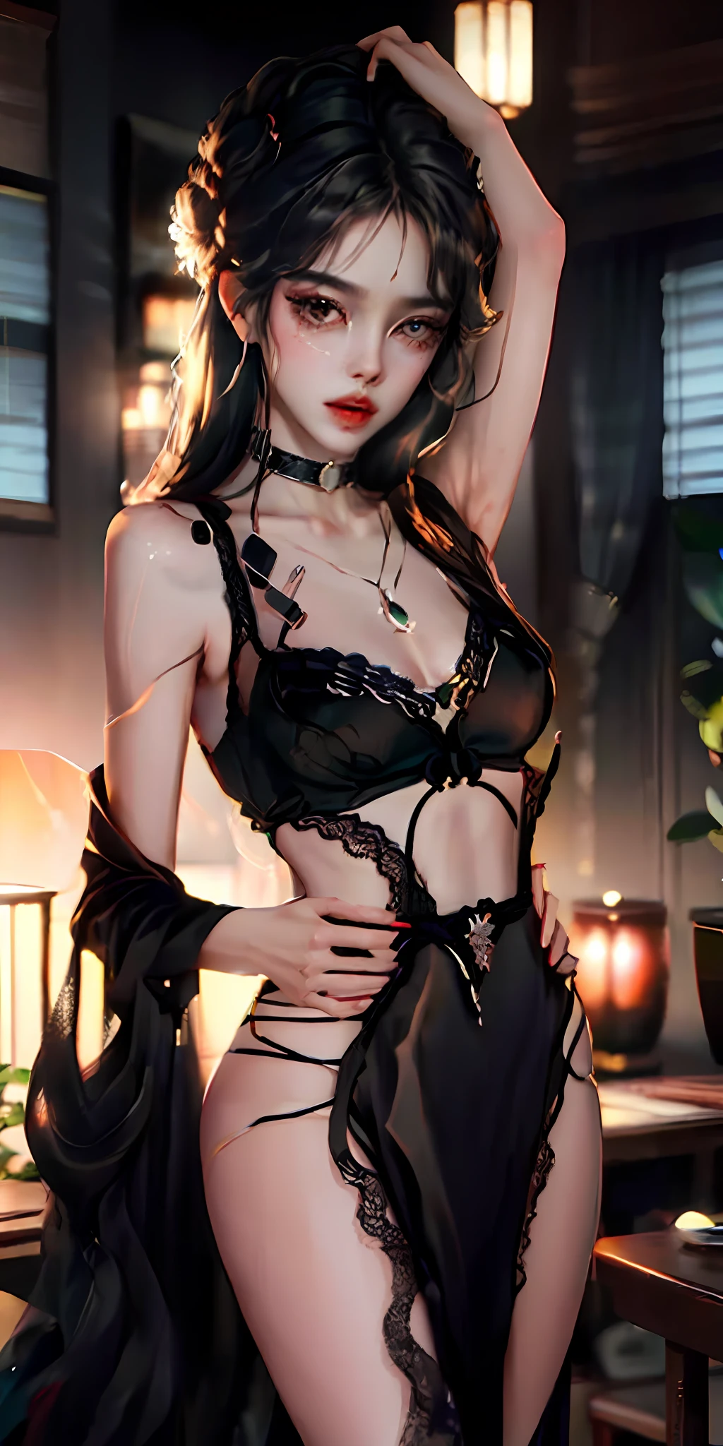 mediuml breasts，Black lace，tmasterpiece，most exquisite，black color hair，length hair，Elaborate Eyes，Mai Sakurajima --auto