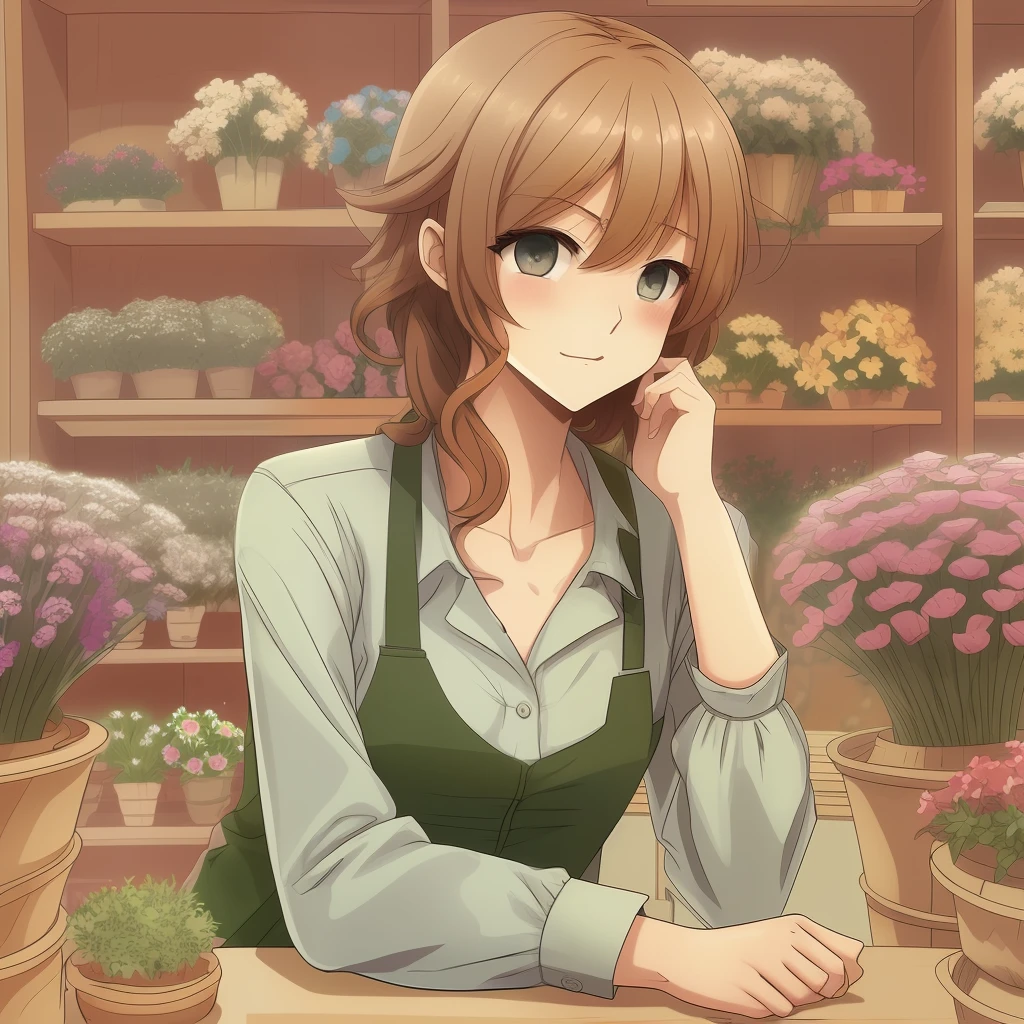 a man with curly blond hair, angelic features, full mouth, green eyes, long eyelashes, 1.68 m tall, thin and slender, delicate body, working in a small and charming flower shop. manga style image. --auto --s2