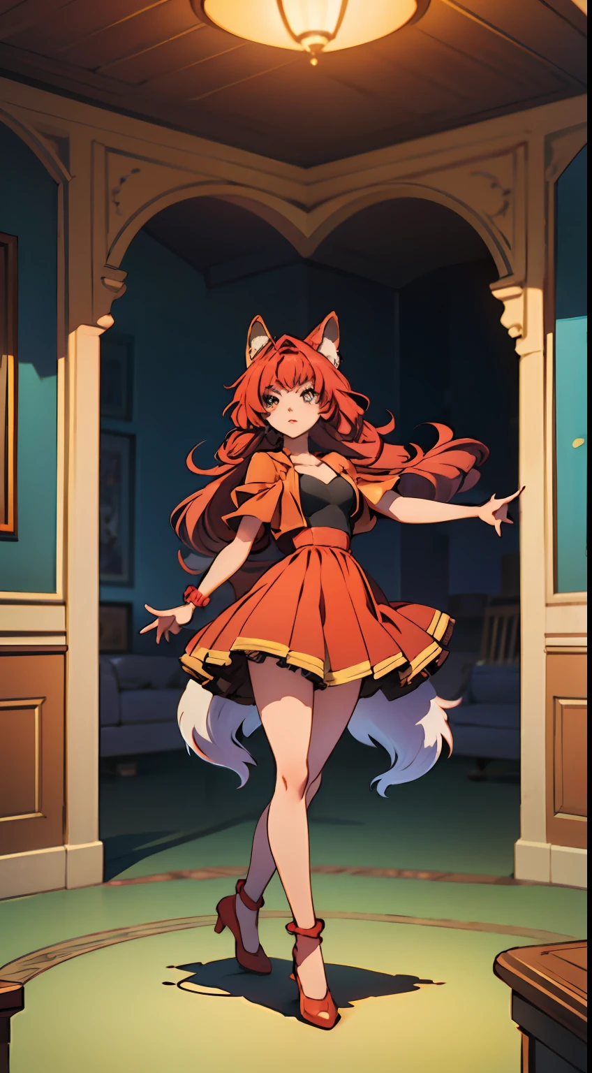 A girl with fox ears, Very long red hair, Wearing a long red dress, Gold eyes, Eye tail up, Charming, delicated, Whole body diagram, Bangs four or six points, ellegance, Moles under eyes, Pupil of the slit,Anime, Chiaroscuro, full room view, 巨作, anatomy correct, high qulity，Long legs，Leg Ring，high-heeled