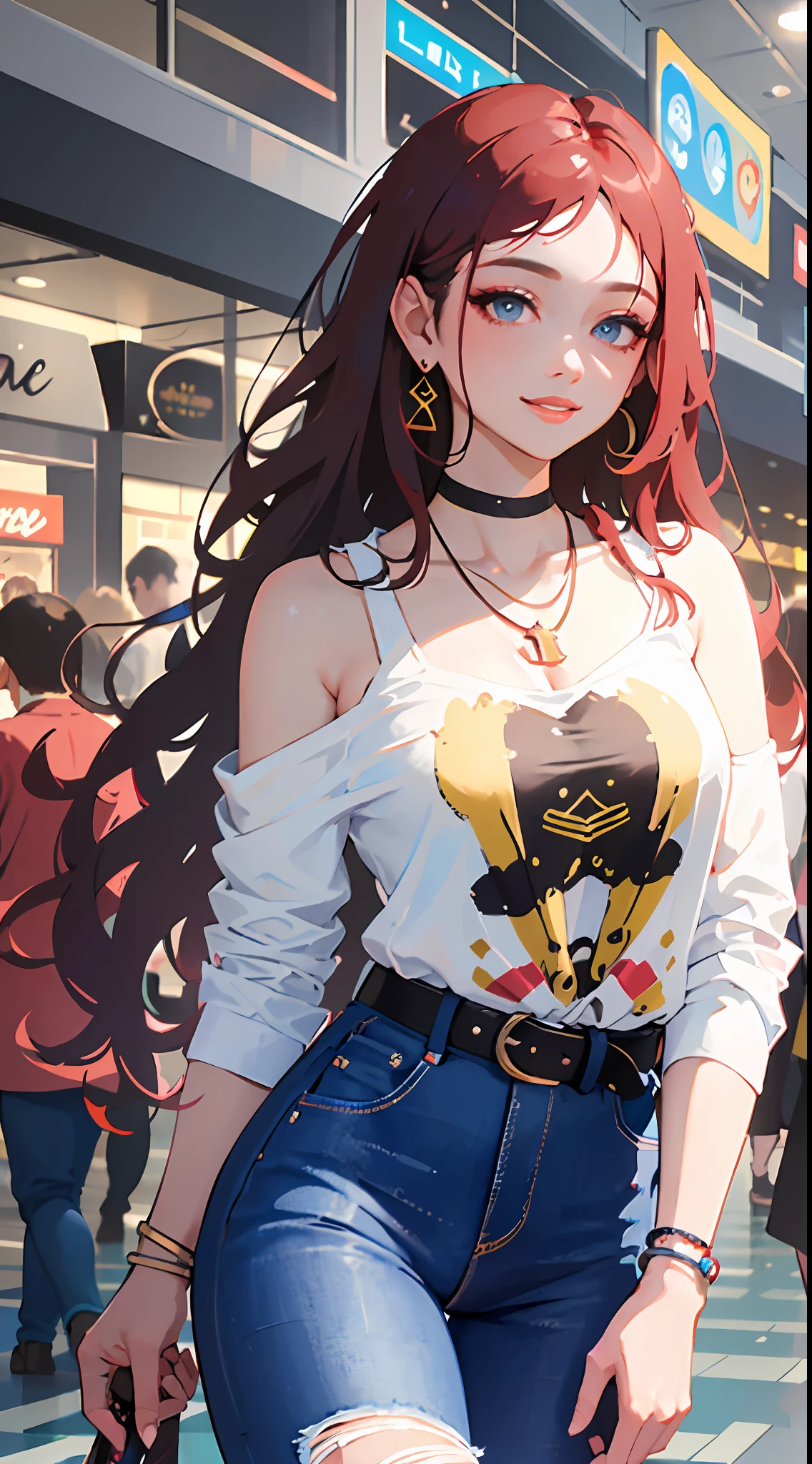 (masterpiece:1.2), (best quality:1.2), perfect eyes, perfect face, perfect lighting, 1girl, mature female, smiling, long red hair, straight hair, sophisticated haircut, stylish, single bare shoulder shirt long, music band print, jewelry, necklace, earrings, armlets, lacey choker, belt, low cut black jeans, thick eyelashes, makeup, eyeshadow, detailed mall background, crowd