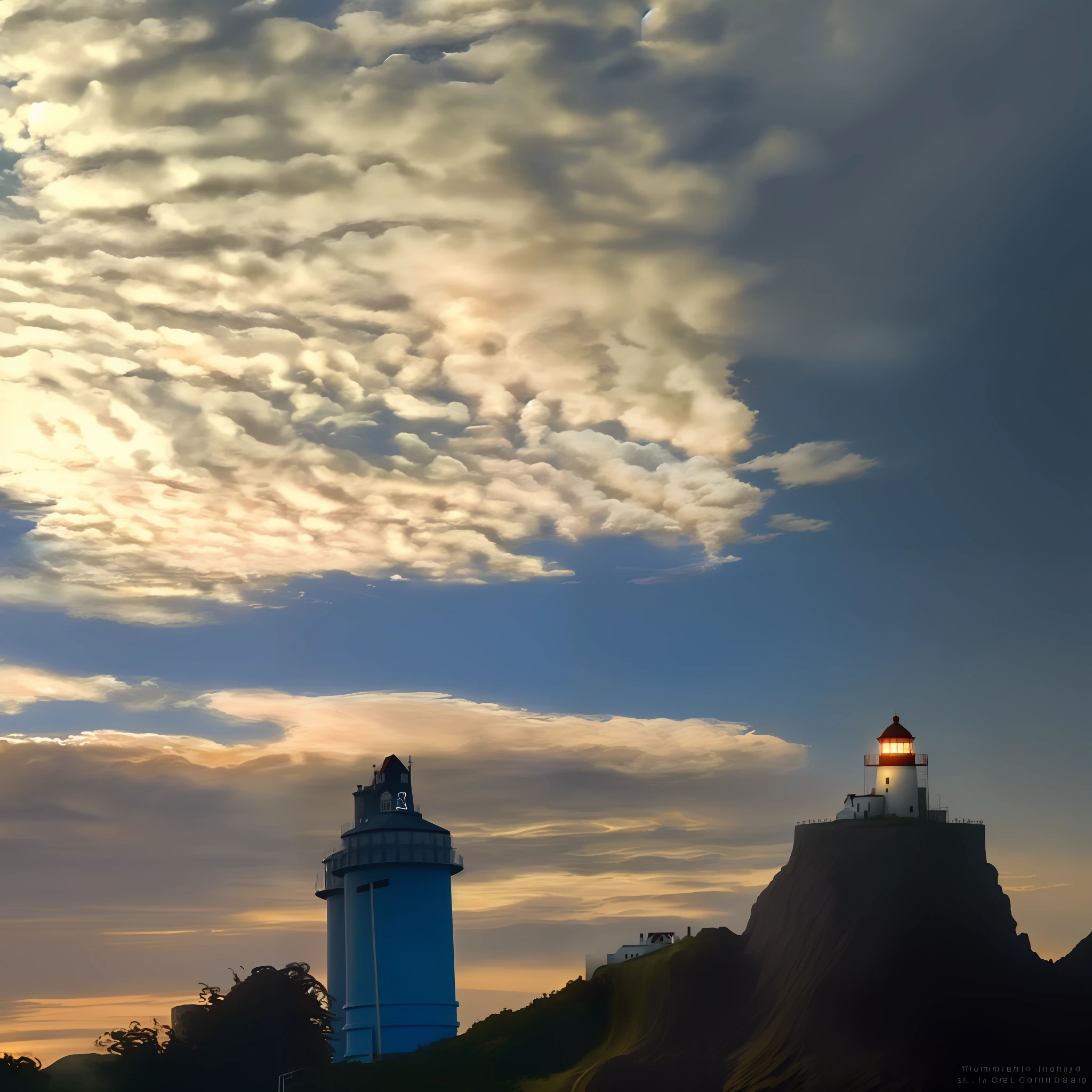 There is a lighthouse on the hill,sky with many clouds, with dramatic sky, Pearly sky, spiral clouds, skybox, stunning skies, Swirling clouds, lighthouse, panorama view of the sky, turbid clouds, Dramatic skies, looming surreal sky, sky with swirling clouds, voluminous clouds, harmony of swirly clouds, clouds swirling