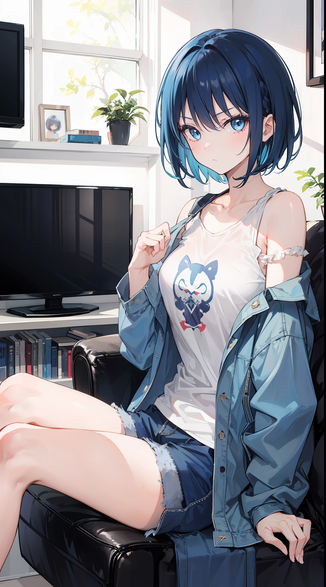 A girl, dark blue hair and bright blue eyes, short hair, in the living room near the television, wearing a casual cloth, cute, no expression, badass