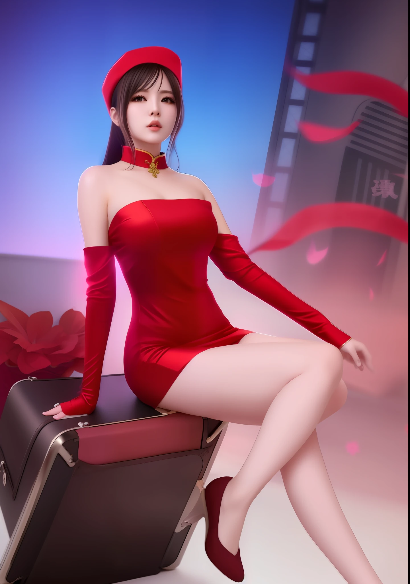 Arapei wore a red dress,Sitting in a suitcase in a red hat, tracer in a skintight dress, trending at cgstation, trending on cgstation, full-body xianxia, beautiful and seductive anime woman, shaxi, Wearing a red cheongsam, sexy red dress, inspired by Li Mei-shu, by Yang J, sakimi chan