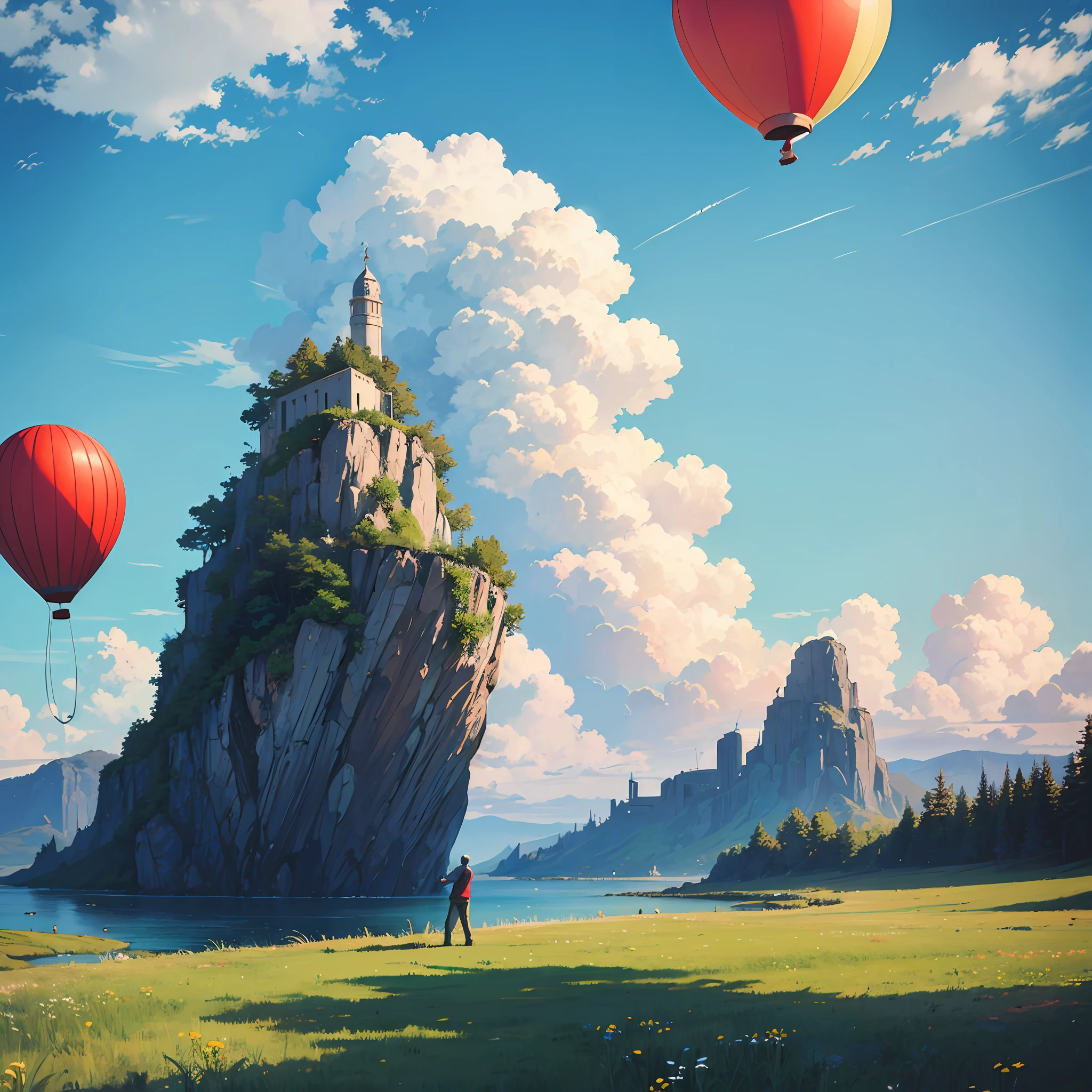 A man in a grassland, blue sky and white clouds in the air, and an island in the air and a balloon --auto