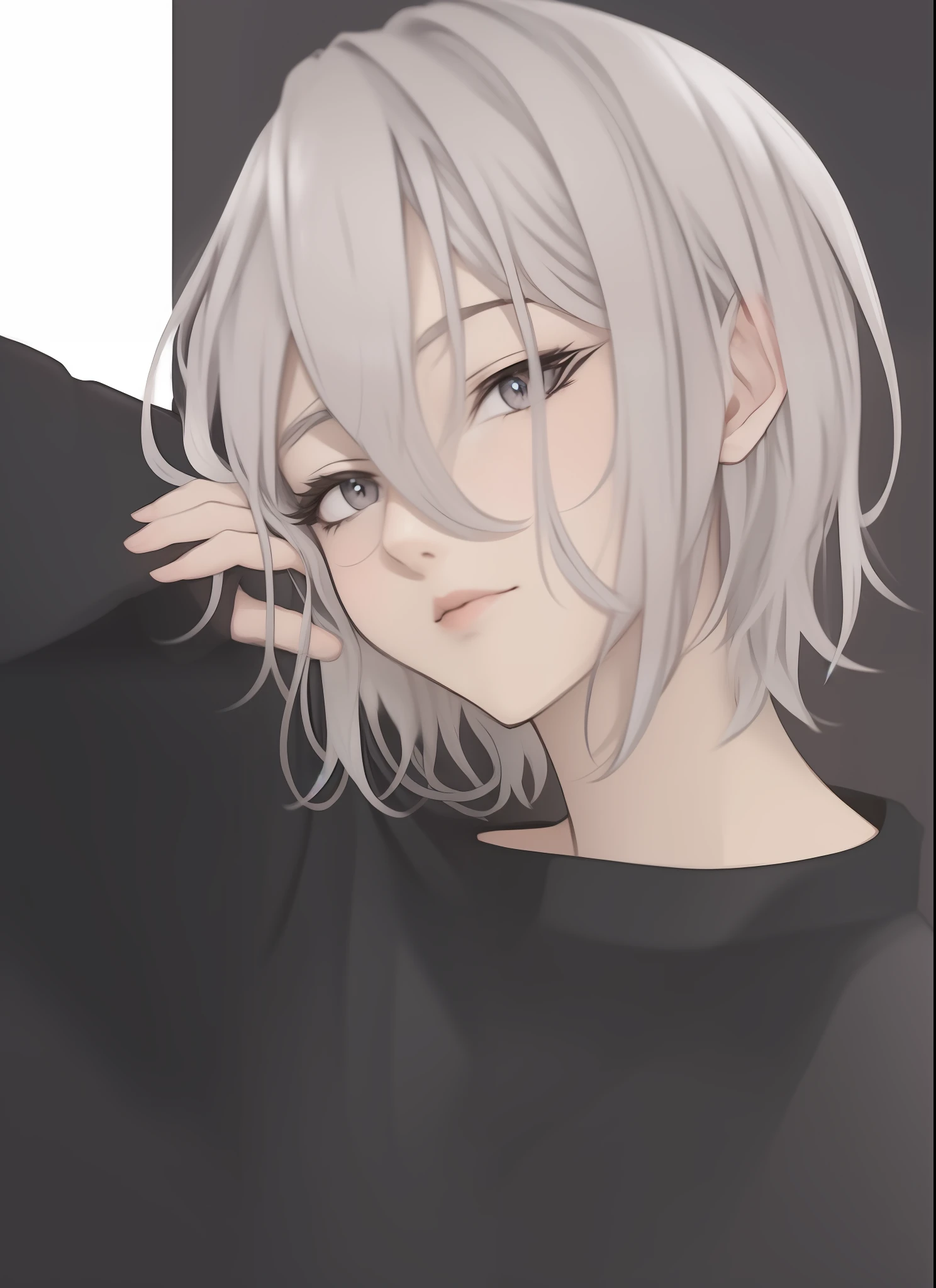 anime girl with white hair and black shirt holding his hand on his head, ela tem cabelos grisalhos escuros, uma louca de cabelos prateados, cabelos prateados, cabelos brancos, cabelos grisalhos, divindade de cabelos brancos, cabelos brancos, personagem de anime feminino, jovem mulher de anime, Discord PFP