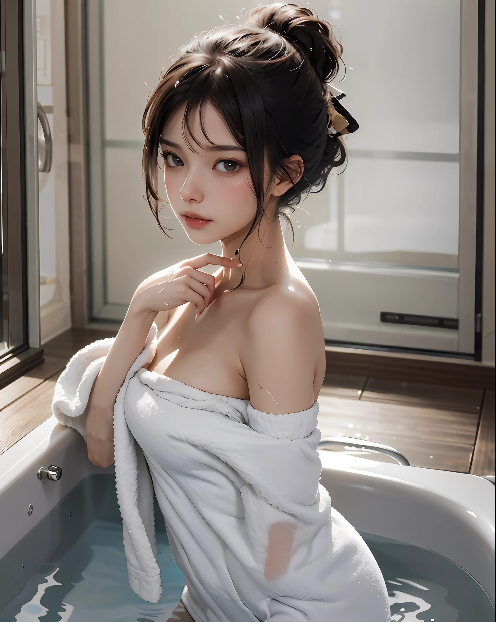 1girll，In the bath，Banana in hand，Delicate and beautiful face,Various hairstyles，crisp breasts，Convex buttocks，Wrapped in a soaked bath towel，perfectly proportioned, 浴室，vapour，bathtub，Cinematic lighting, filmgrain, Fujicolor, lightand shade contrast, 8K, 巨作, Textured skin, Super detail, hoog detail, High quality, A high resolution,