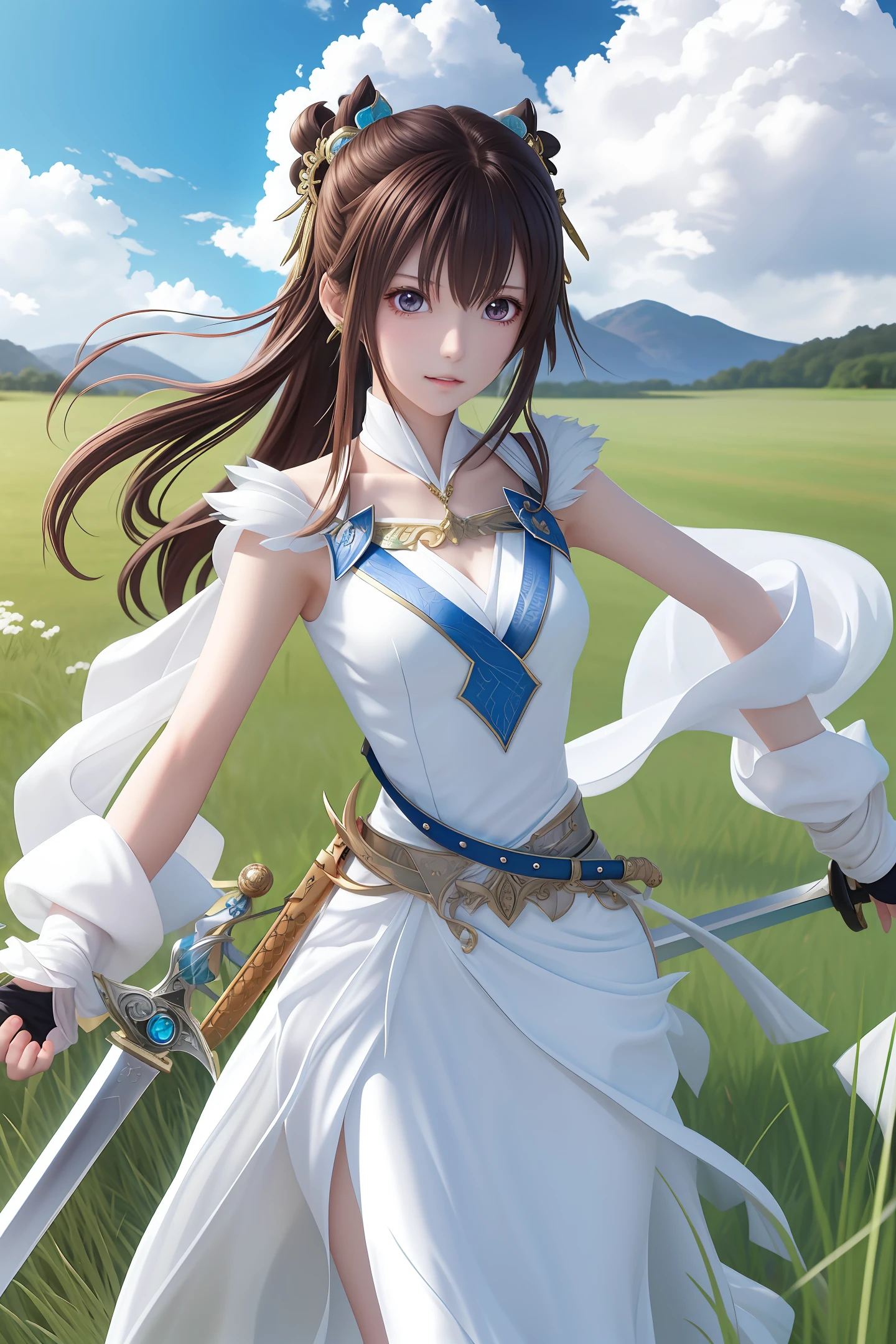 A girl,dual swords,Anime style,White gauze dress,grass field,Two swords,Blueish cuffs,Flowing cloud cuffs