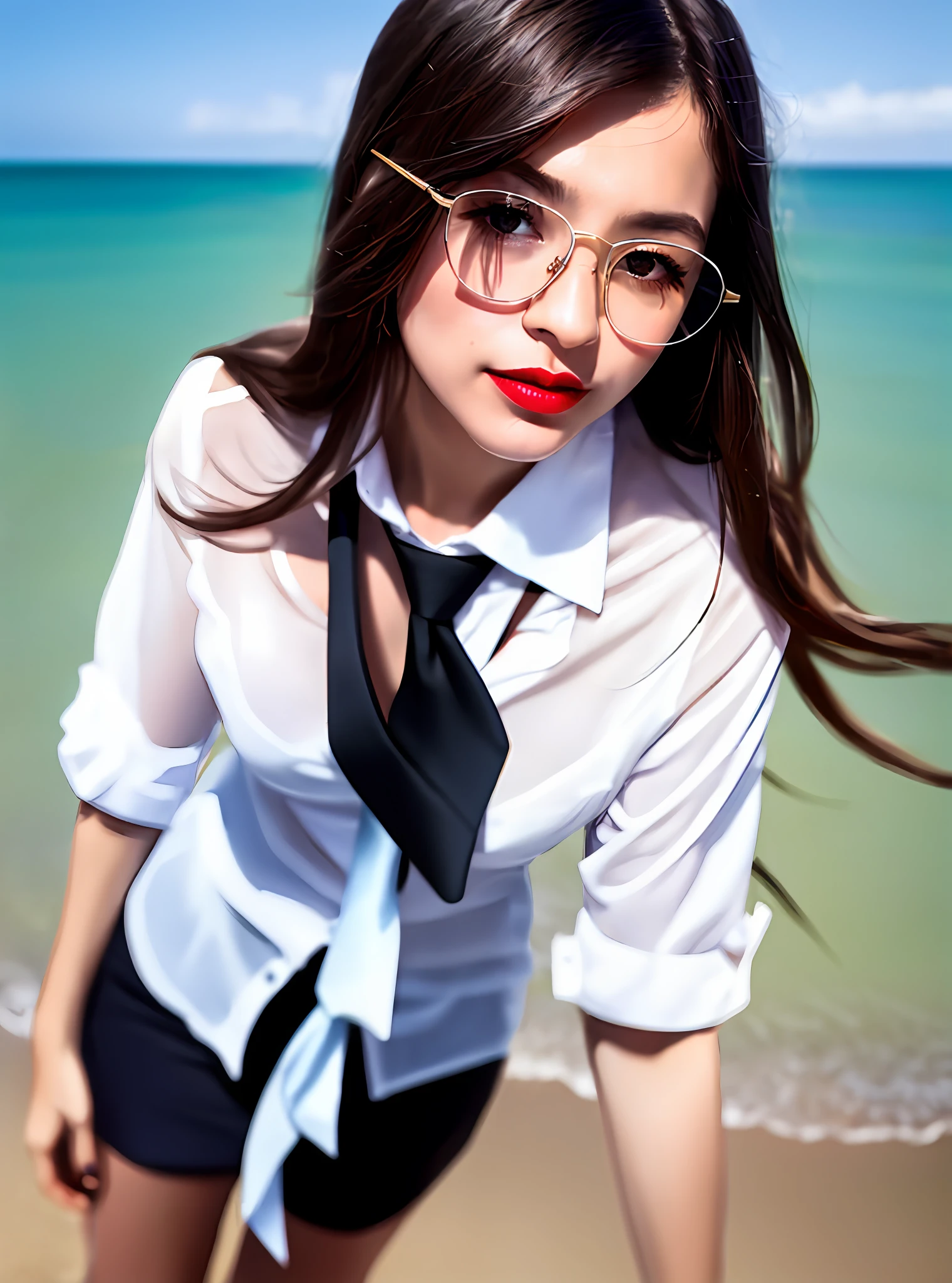 (8K, RAW, professinal, best qualtiy, tmasterpiece:1.2), (realisticlying,realisticlying:1.37), hyper-detailing, (portrait), (highest detailed skin:1.2), (Face in the highest detail:1.2), cinmatic lighting, 1girll,blackstockings,white shirt,Debate skin,Colorful glasses,Redlip,brown hair,black necktie,Beach side,Pure desire,Long legs,de pele branca,Turn your back to the sea,