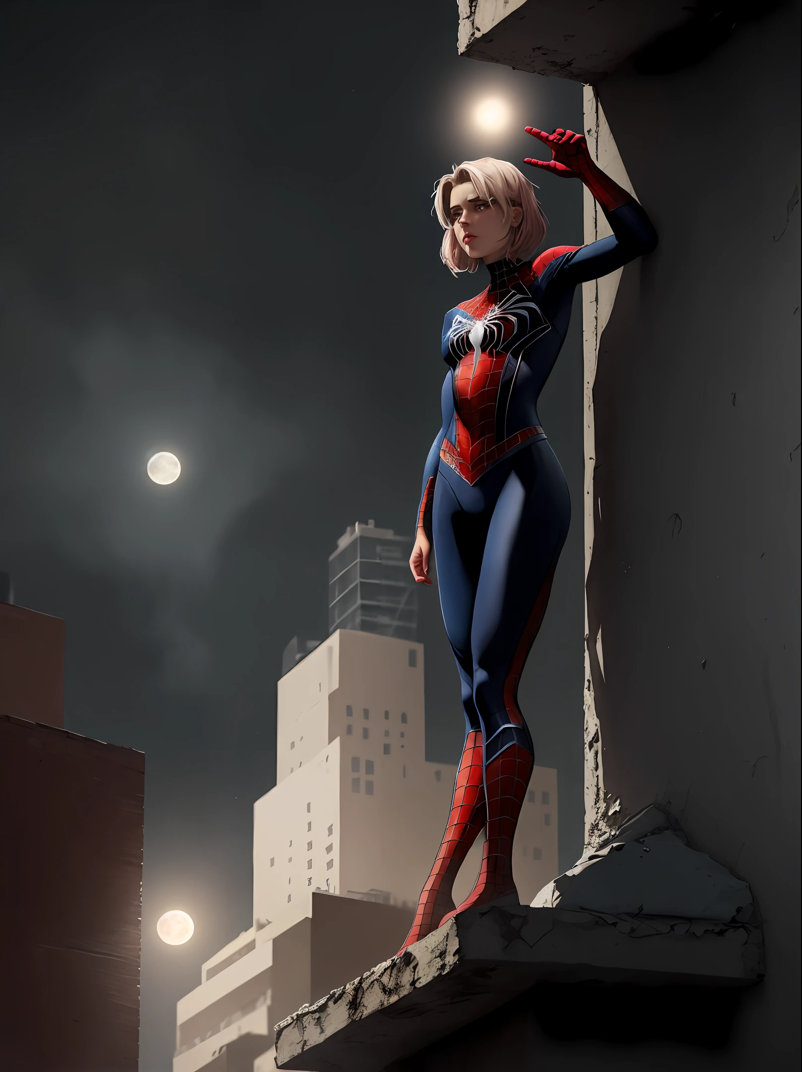 Stand on a tall building,Facing away,Twist your head,moon full,The lens zooms out,natta,The pose is exaggerated,25 years old spider girl,gwyn,Female Spider-Man,Wenger Spider-Man costume outfit,((White pink clothing)),24mm,4K textures,low-light,HDR,复杂,with short golden hair,highly details,(One side of the shaved head:1.3),Sharp focus,insanely details,Complicated details,hyper-detailing
