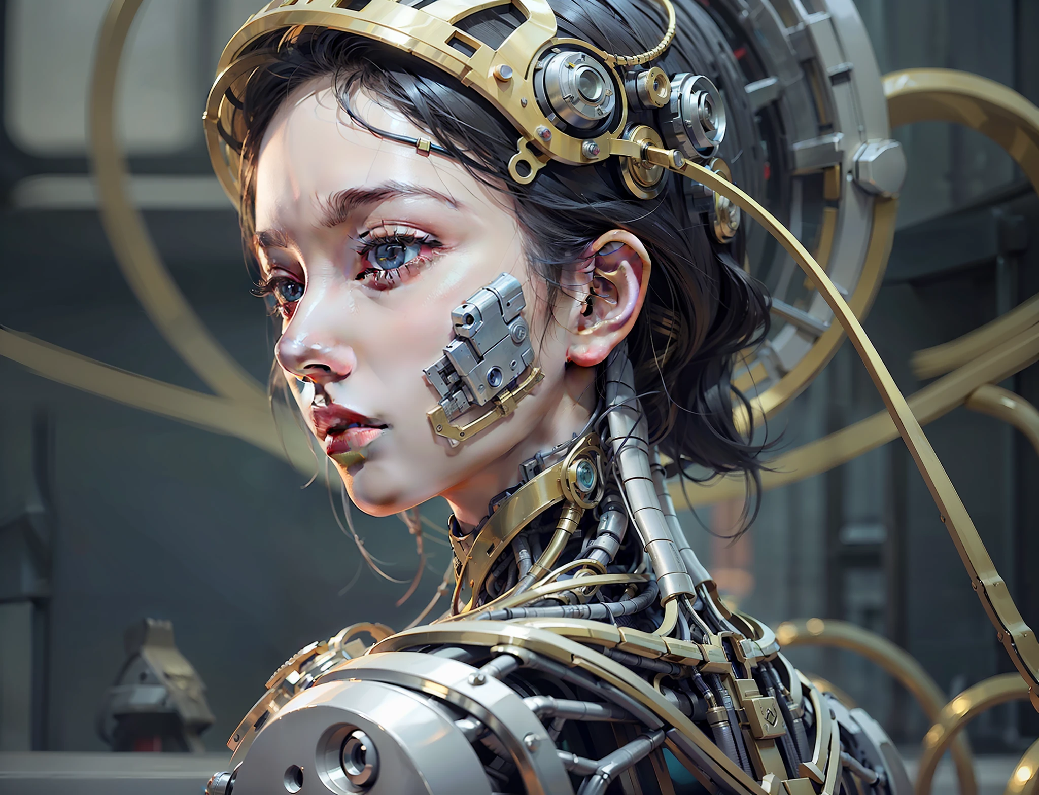 intricate ultra detailed 3d render of a beautiful porcelain woman profile, android face, cyborg, robotic parts, 150mm, beautiful studio soft light, edge lighting, vibrant details, fancy cyberpunk, lace, hyper realistic, anatomical, facial muscles, electric wires, microchip, elegant and beautiful background, octane render, HR Giger style, 8k, best quality, masterpiece, illustration, extremely delicate and beautiful, extremely detailed, CG, unity wallpaper (realistic, photorealistic: 1.37), amazing ,detailed,masterpiece,best quality,official art,extremely detailed CG Unity 8k wallpaper,absurdres,incredibly absurd,robot,silver helmet,full body,sitting