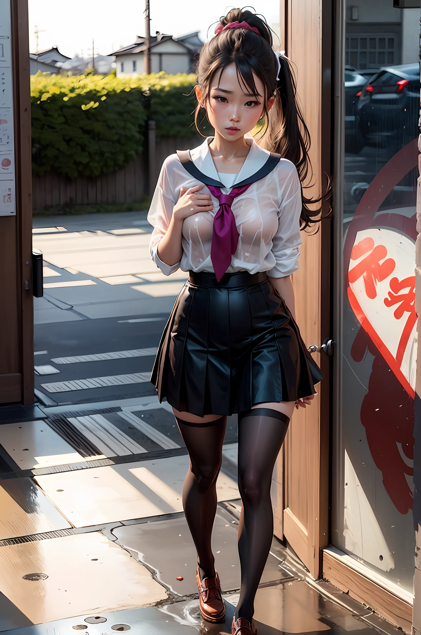 Kizi,Japan School Uniform,length hair,High ponytail,A dark-haired ,strangle,Close-fitting,Tightness in clothes,Penetrate the flesh,soaking wet,clothes see-through,Thigh strangle,short skirt,Tall black silk