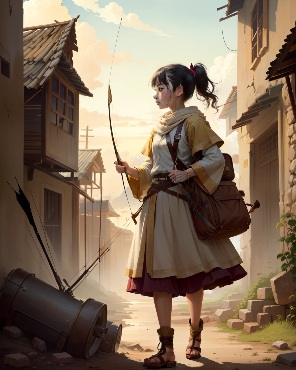 Ancient Civilizations，There is a lot of broken machinery，A girl carries a bow and arrow