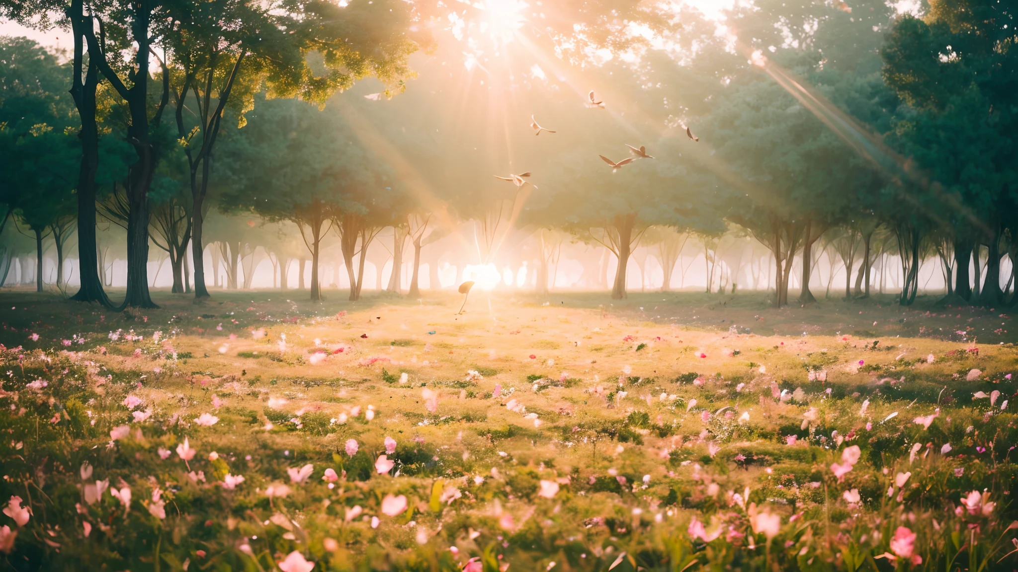lake in forest, sony a7, film gain, sun shine, cinematic lighting, photorealistic, Golden ratio, 32k, diffused reflections, bloom, colorful shiny particles, flying colorful birds, colorful fog, colorful fluid, sunbeam, lens flare, sharp reflection light, petals in the wind