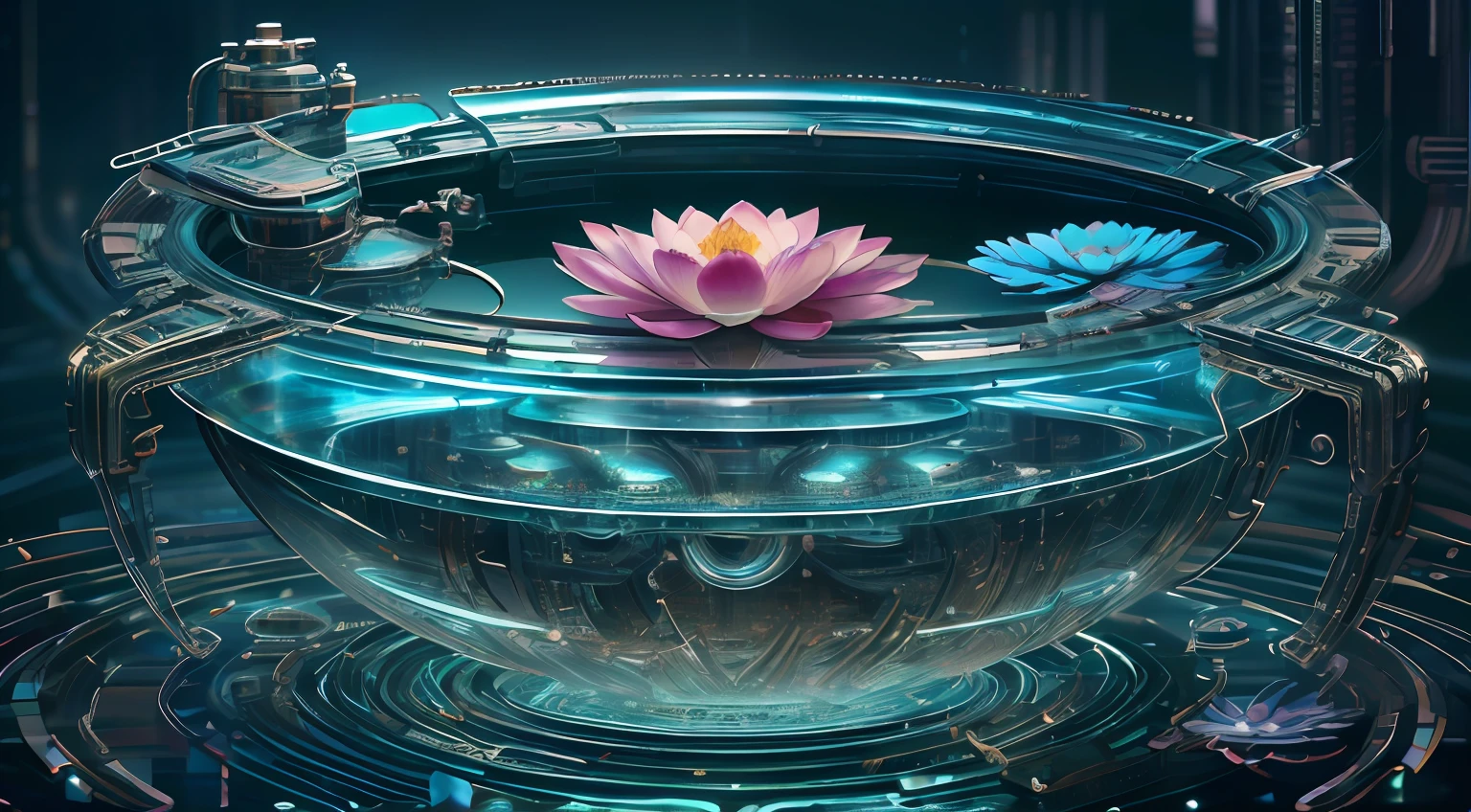 (((Best quality))), ((Ultra-detailed)),((plant illustration)),Blue sea,Lotus in a water tank,Lotus flowers at the bottom of the sea,fish tank,Inorganic flowers,Mechanical flower,Close-up,Futuristic flowers,,transparent plastic,Dreamy,Emits a shimmering light,cold shades,Metallic glass luster, Glass texture, speeding camera shot, commerciaphotography, Cyberpunk style, perfect lightingeffects, illusory engine,Mechanical flower,cyber punk style,Metal petals,Glass petals --auto
