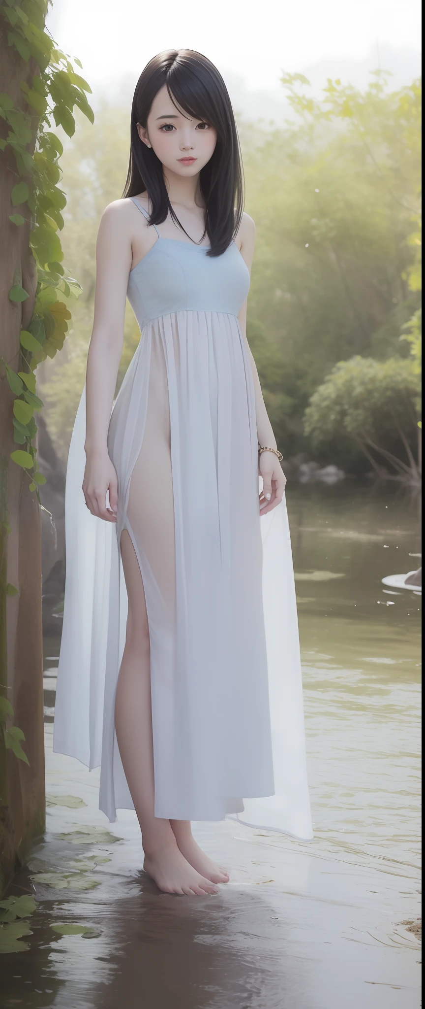 ((4k, masterpiece, best quality)), shuimobysim, Chinese painting, lotus, maxiskit, dress conservatively 1girl, solo, long blue hair, smile, standing, feet in water, barefoot, naked