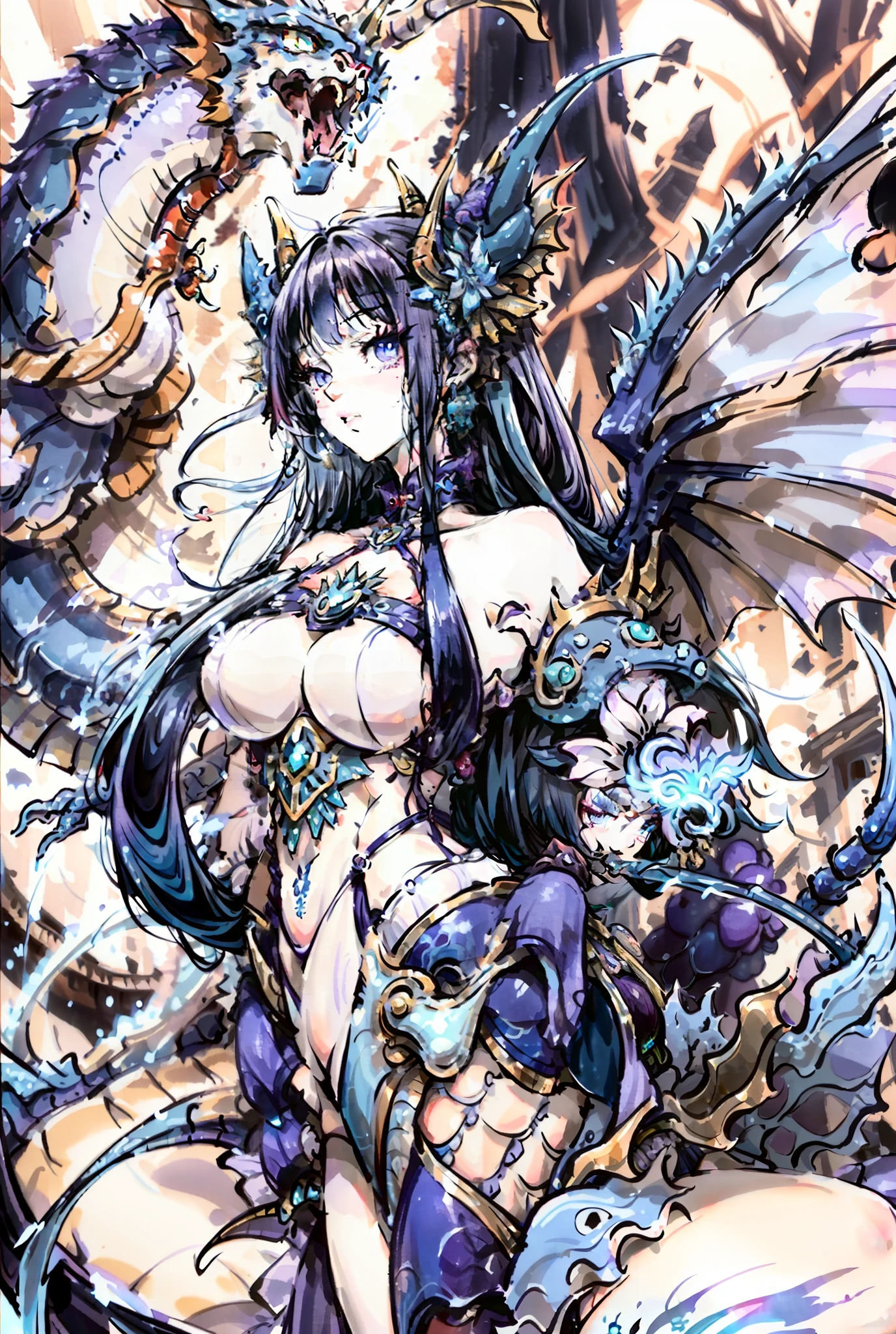 Blue Western dragon,blue hair,Blue eyes,white swimwear,Purple flowers,Bigchest,Big ass,Dragon wings,Dragon's horn,Beauthful