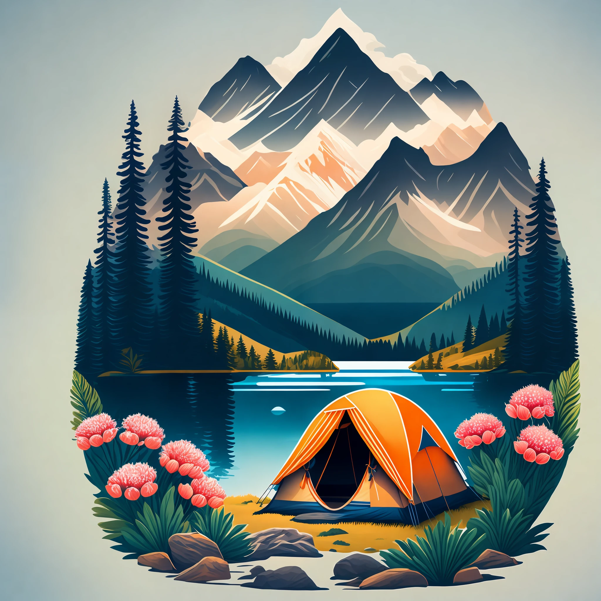 A camping tent near a lake in the montains, flower patern, vectorial art, tshirt design