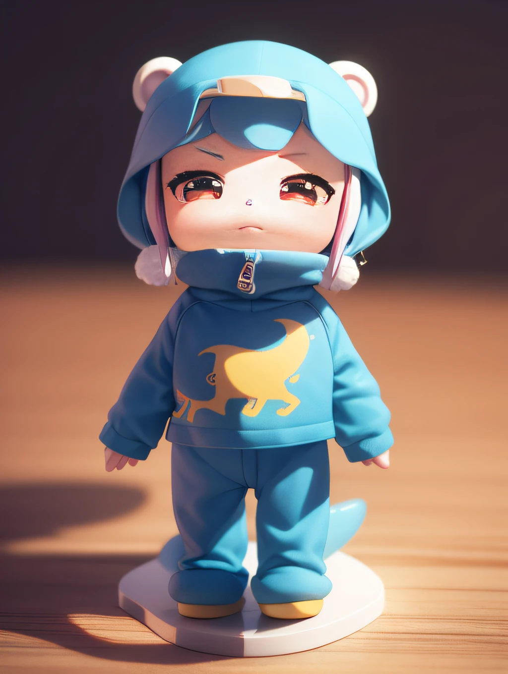 PopMart blind box IP, Chinese zodiac, super cute boy wearing dinosaur shaped clothes, technological elements, fashionable clothes, streamlined 3D/C4D production: 8K HD picture quality/lighting/super fine lens depiction 1.5, flawless, chibi background/cinematic sense.