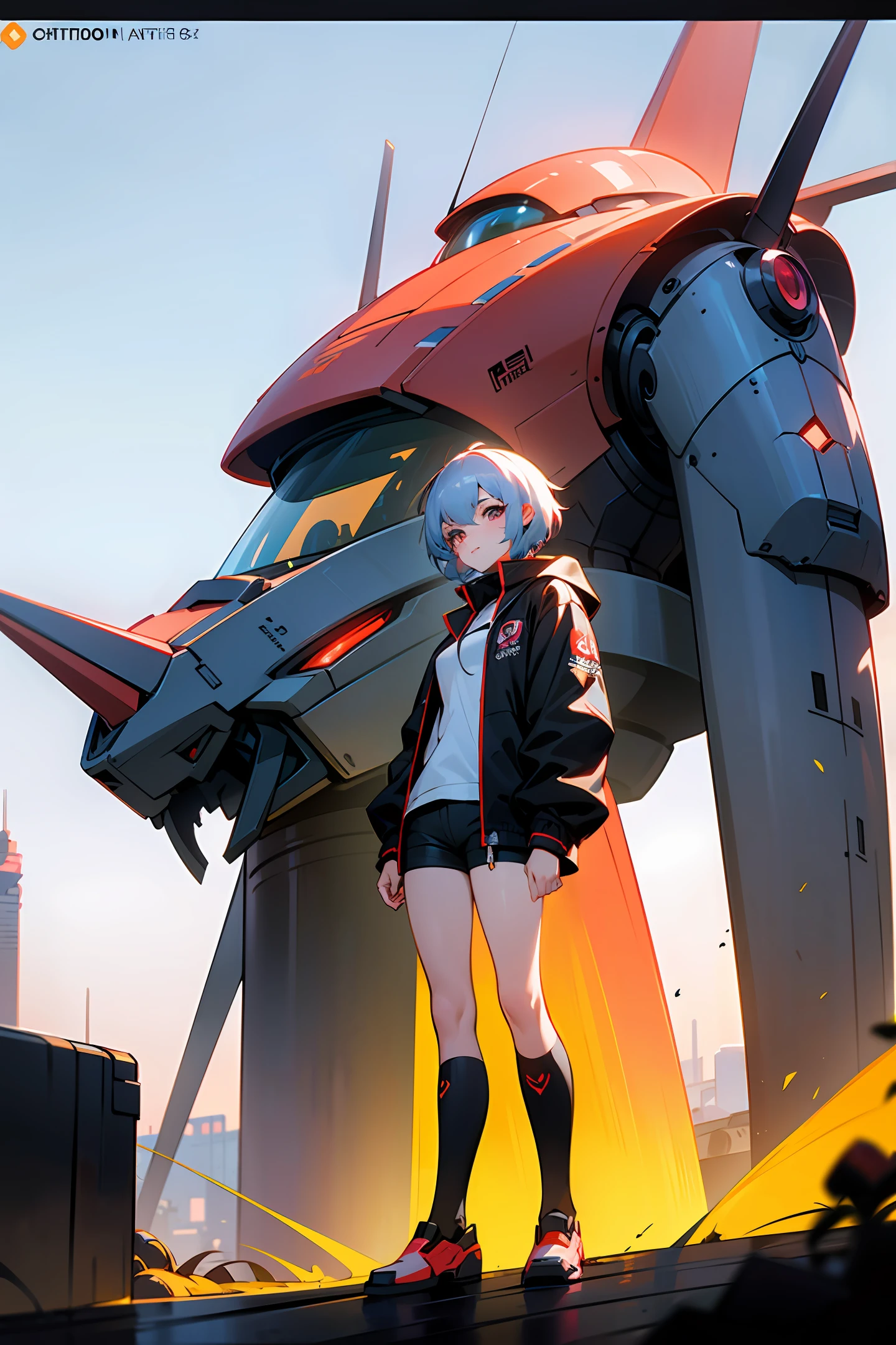 anime girl in short shorts and jacket standing next to giant robot, artwork in the style of guweiz, cyberpunk anime girl mech, trending on cgstation, guweiz, by Russell Dongjun Lu, digital cyberpunk anime art, ross tran 8 k, guweiz on artstation pixiv, girl in mecha cyber armor