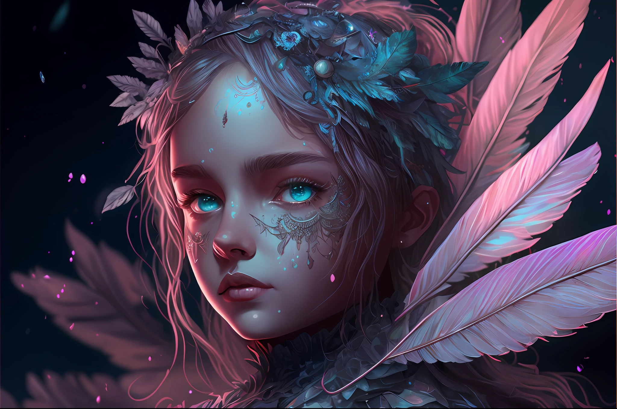There is a digital painting of a girl with feathers on her head, costume art behance, fantasy detailed digital art, stunning digital illustration, detailed digital 2d fantasy art, digital 2d fantasy art, detailed matte fantasy portrait, digital fantasy art), 4k highly detailed digital art, epic fantasy digital art style, beautiful digital art, detailed fantasy art,  Fantasy Art Style ((Water Green Details)) ((Queen Sillie))