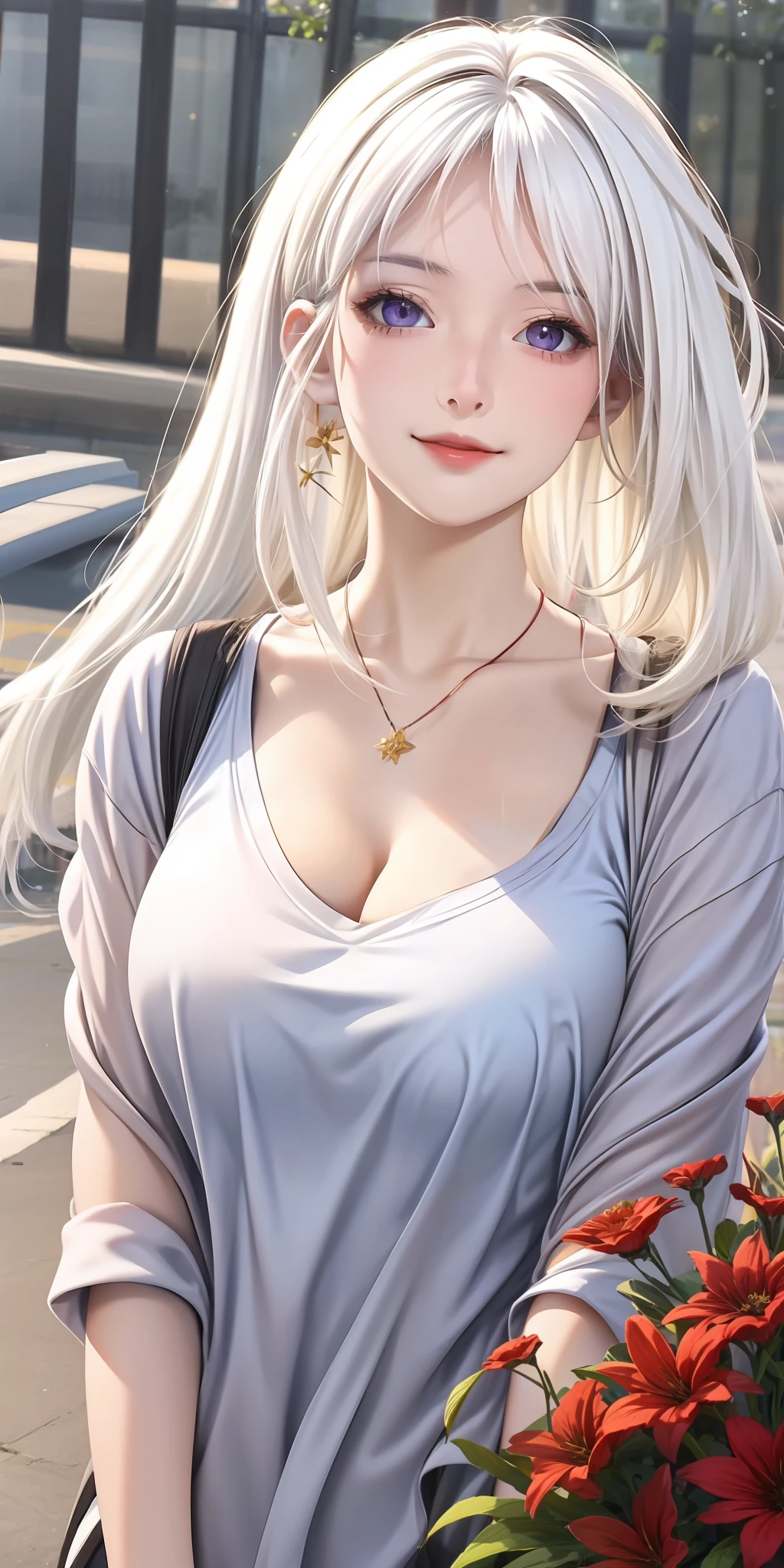 realisticlying,1girl,White hair,Purple eye,glowing light eyes,nakeness,Large breasts,Parting lips,Be red in the face,the night,fresh flowers,suns,rays of sunshine,