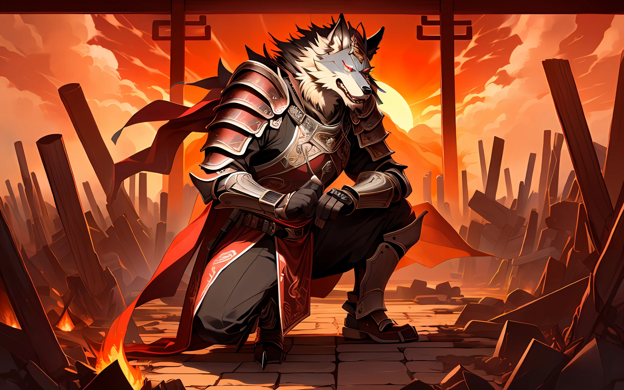 Red werewolves wear ancient Chinese general armor，the setting sun，half squatting，solo person，flame of war，high qulity，tmasterpiece，werecreature，Strong，Blue pupil，Red cape，Handsome，Scarred，The whole body is covered with armor