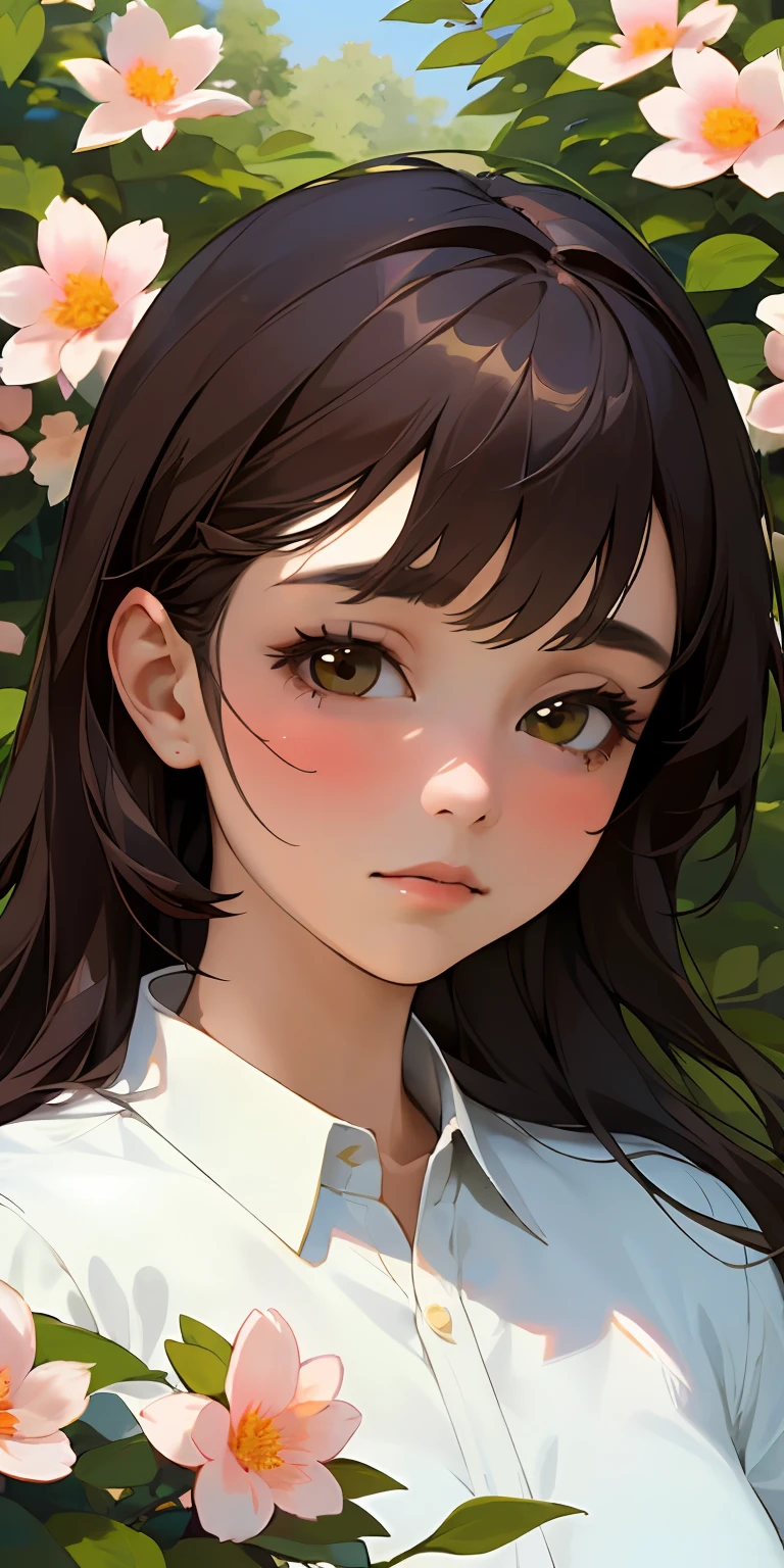 (best quality, masterpiece, ultra-realistic), portrait of 1 beautiful and delicate girl, with a soft and peaceful expression, the background scenery is a garden with flowering bushes and butterflies flying around.