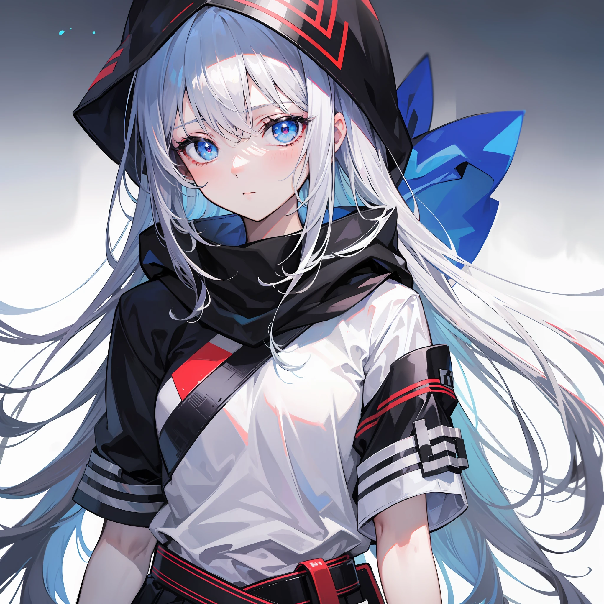 （Super detail， Best quality，Textured skin，The ultra -The high-definition，16k，巨作，style of anime），gloom (expression)，teens girl，silber hair，Upper body body，Blue pupil，Close one eye，Very long hair，Messy hair，Black hood