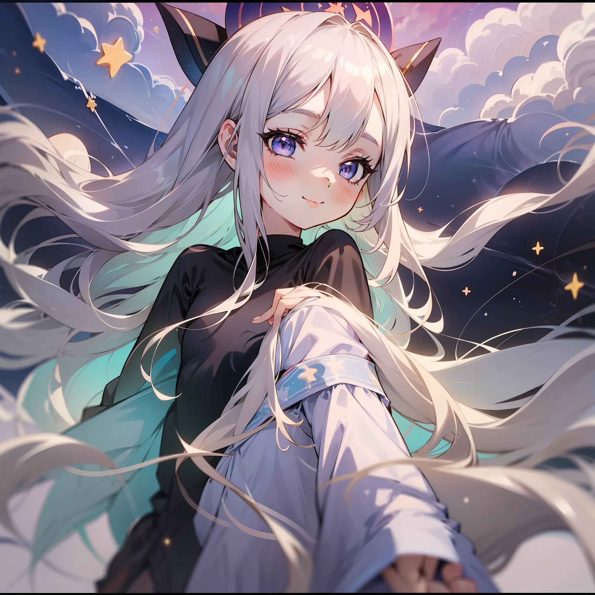 solo,1girl,Masterpiece,best quality, beautifully painted,highly detailed,detailed face,sorasaki_hina(blue archive),floating hair,bokeh,(((white hair))),(((long hair))),(((loli))), purple eyes, sittingopen mouth,(junior school swimsuit), cute ,flat_chest, standing, looking_at_viewer, middle, ((take viewer's hand)), little smile, sleeves past wrists,sleeves past fingers, shining stars, watercolor,stars, sunlight, (sea), ((sky)),cumulus