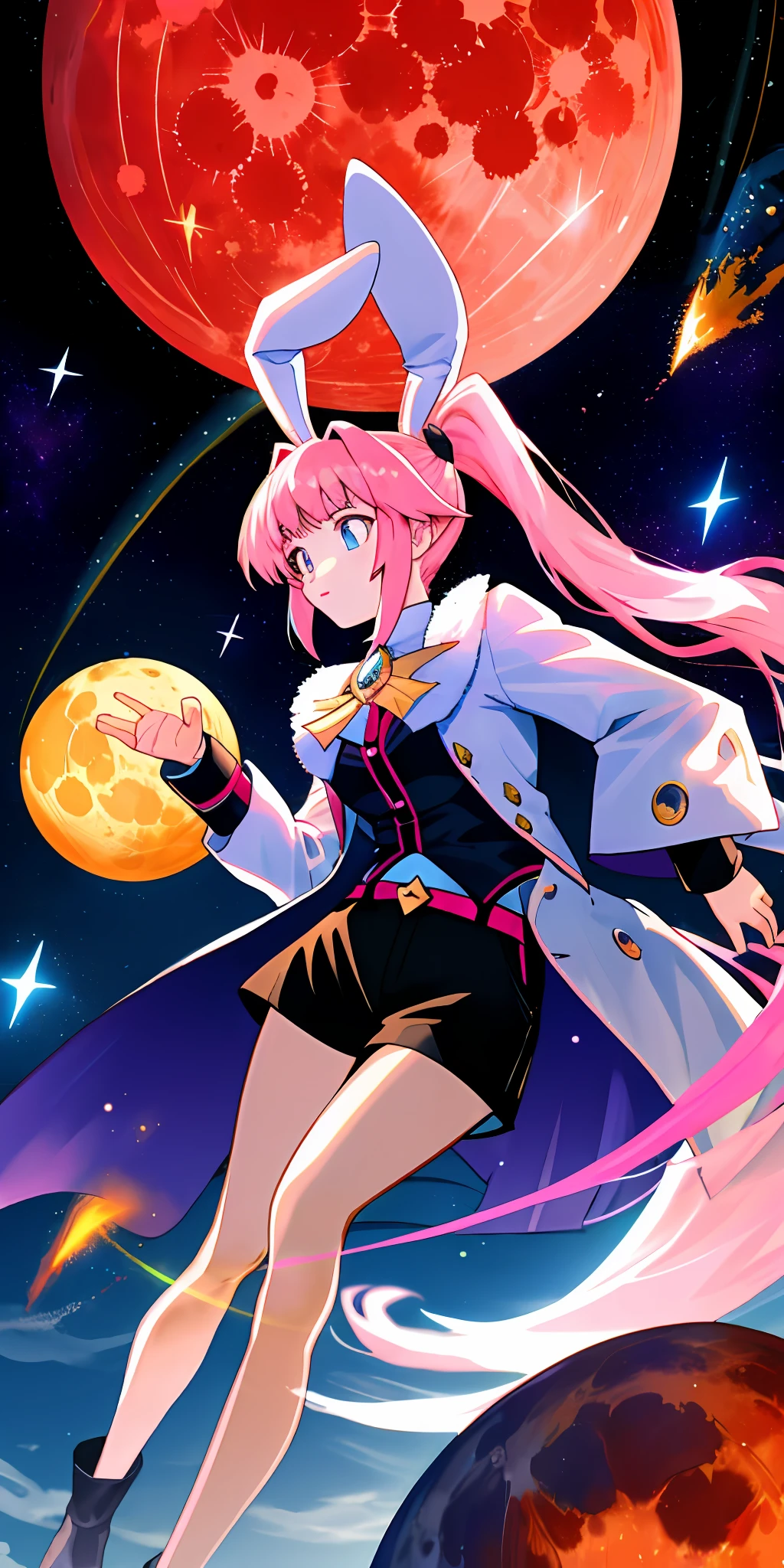 （tmasterpiece，best qualtiy），A pink-haired, double-ponytailed bunny girl holds a levitating glowing moon upwards with one hand，Black  shorts，White blouses，coat large，starrysky，meteors
