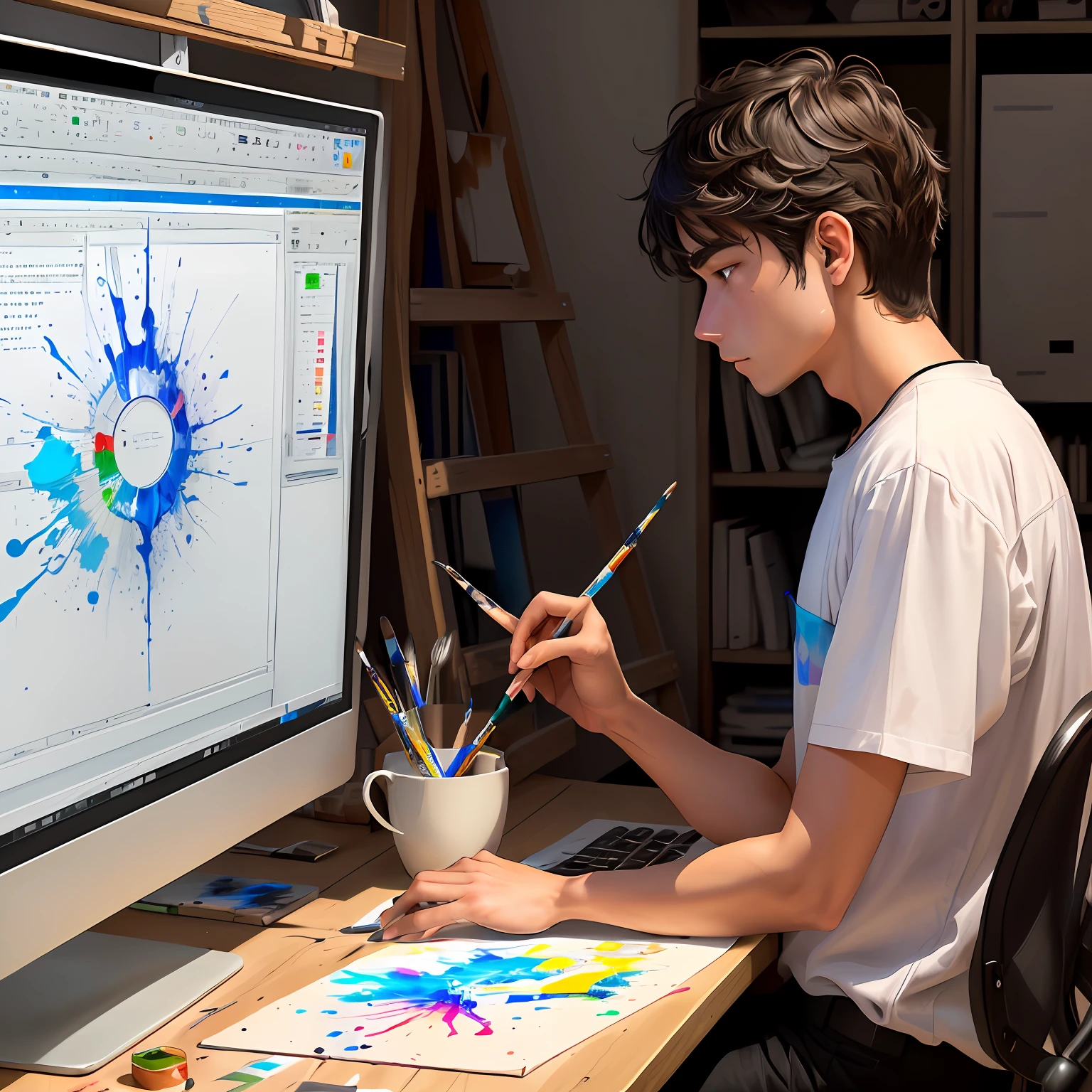 A young painter is struggling in front of a computer and a hand-drawn board，There were many editors next to him urging him to continue working