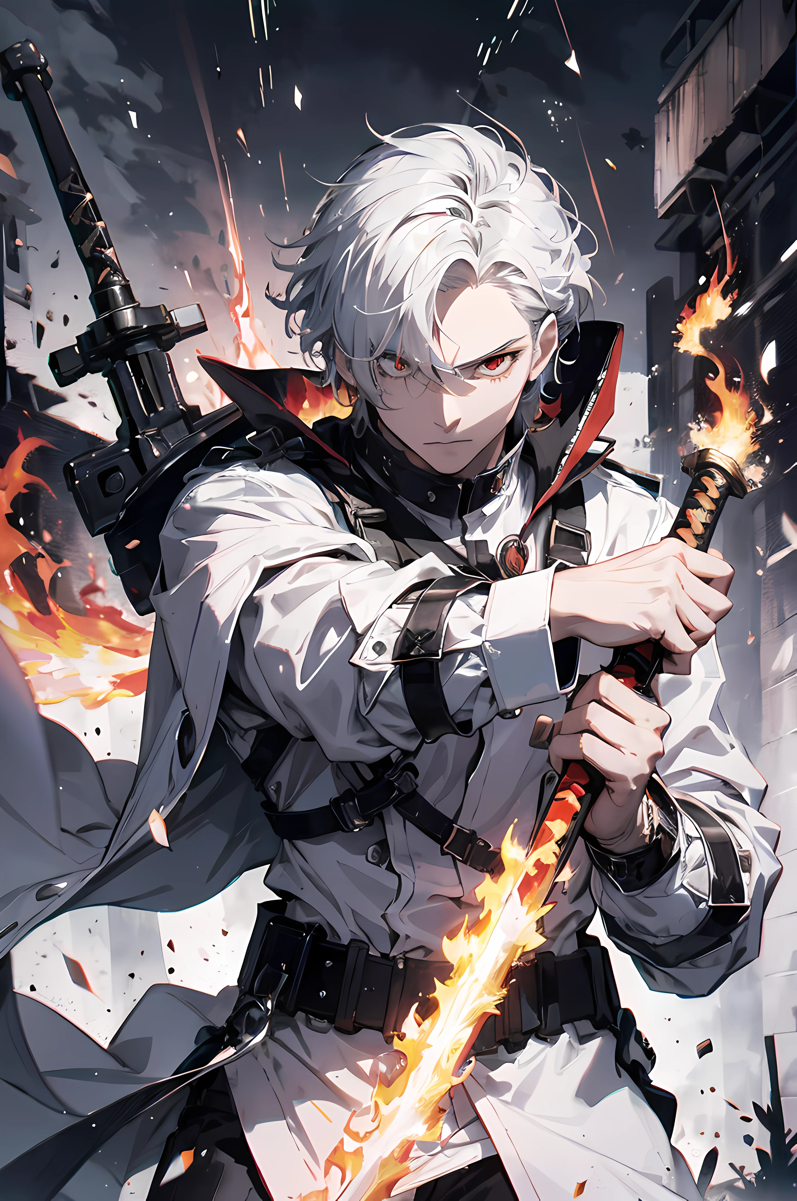 (absurdres, highres, ultra detailed), masterpiece, best quality, a man in white outfit, wielding sword, sword surrounded by fire, solo, handsome, finely eye, detailed face, short hair, white hair, vibrant red eye, ruined city, dark background, from below, look down, cowboy shot, swirl, vortex, spark