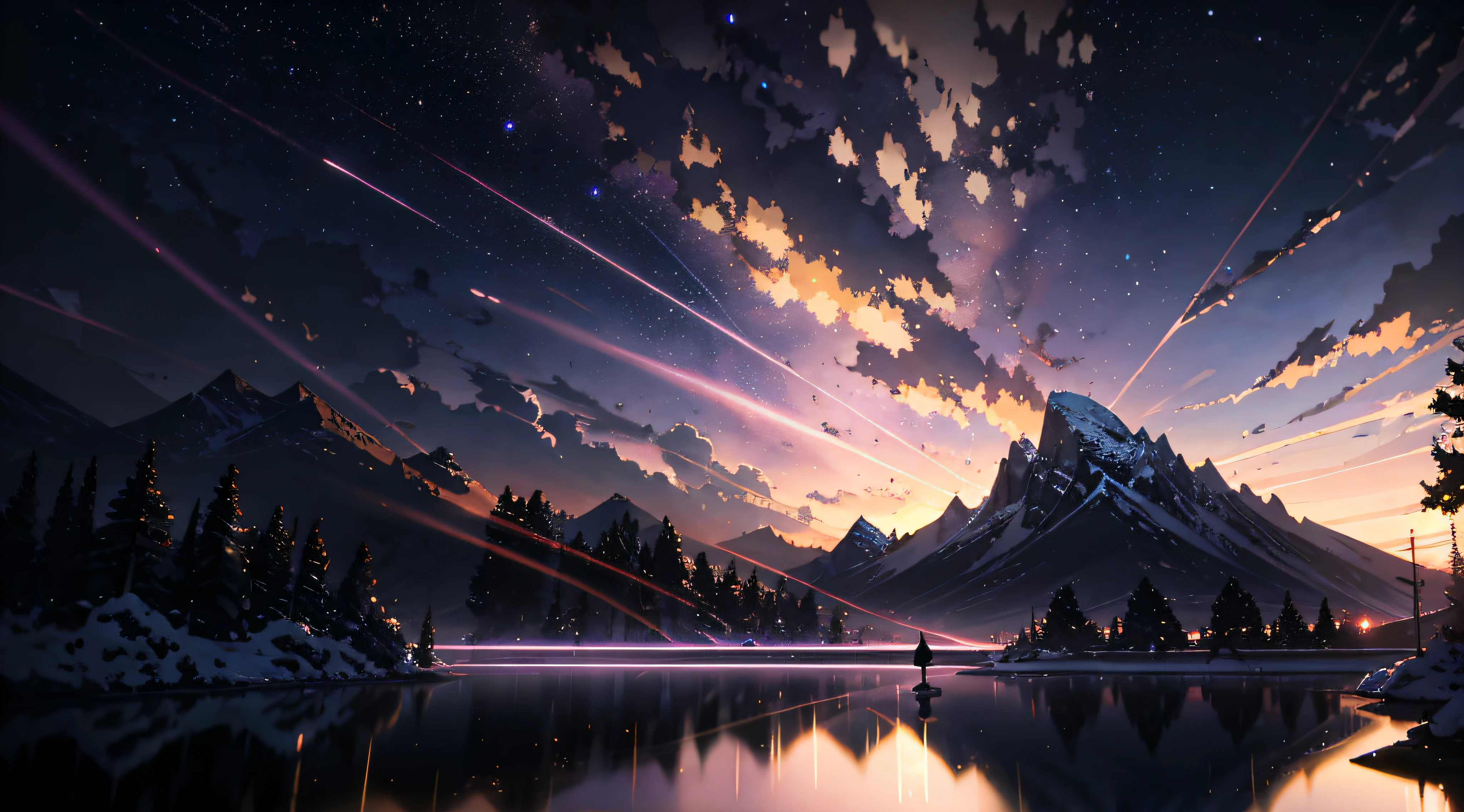 (((Makoto Shinkai style)),pixiv,anime drawing,high quality,pink purple sky,beautiful scene),(universe,train passing,magical realism,((makoto shinkai style)) ::0.8), [Artistic Atmosphere, Atmosphere:0.8, Starry Sky, Hills, Snow Mountain, Sparkling Water, Grass, Trees, Smoke, Stars, Low Angle of View, Specular Scattering,