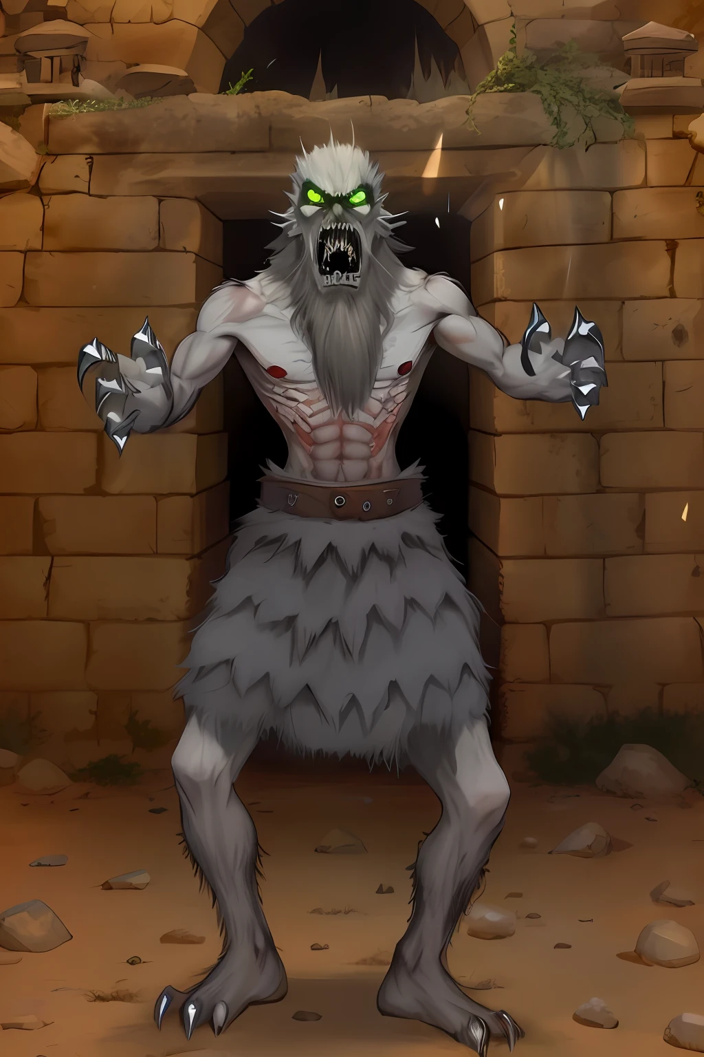 A furious zombie，with a long beard，Teeth and claws，Stone wall background，Desert floor，Light shines down from above