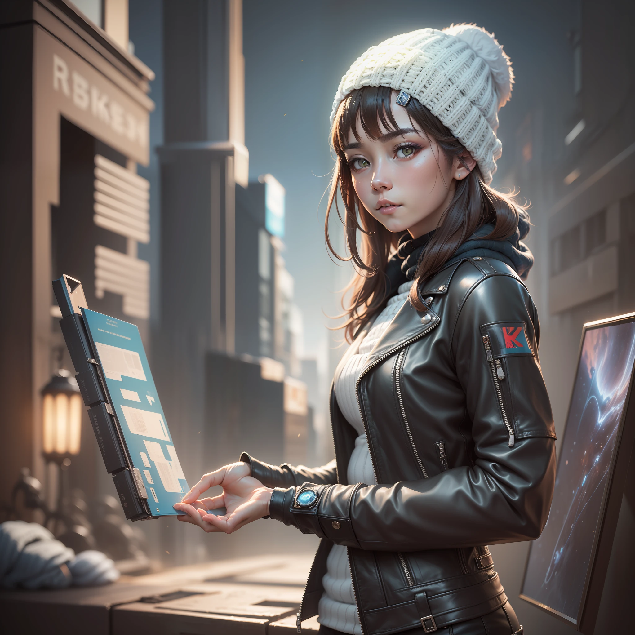 (
(8k:1.27), best quality, masterpiece, ultra highres:1.2) Photo of Pretty Japanese woman
(beautiful:1.1) (sci-fi warrior woman:1.1) space soldier, (beanie:1.61) (leather jacket:1.21) intricate elegant, fantasy, detailed, ometric by greg rutkowski and alphonse mucha, gradient lighting
